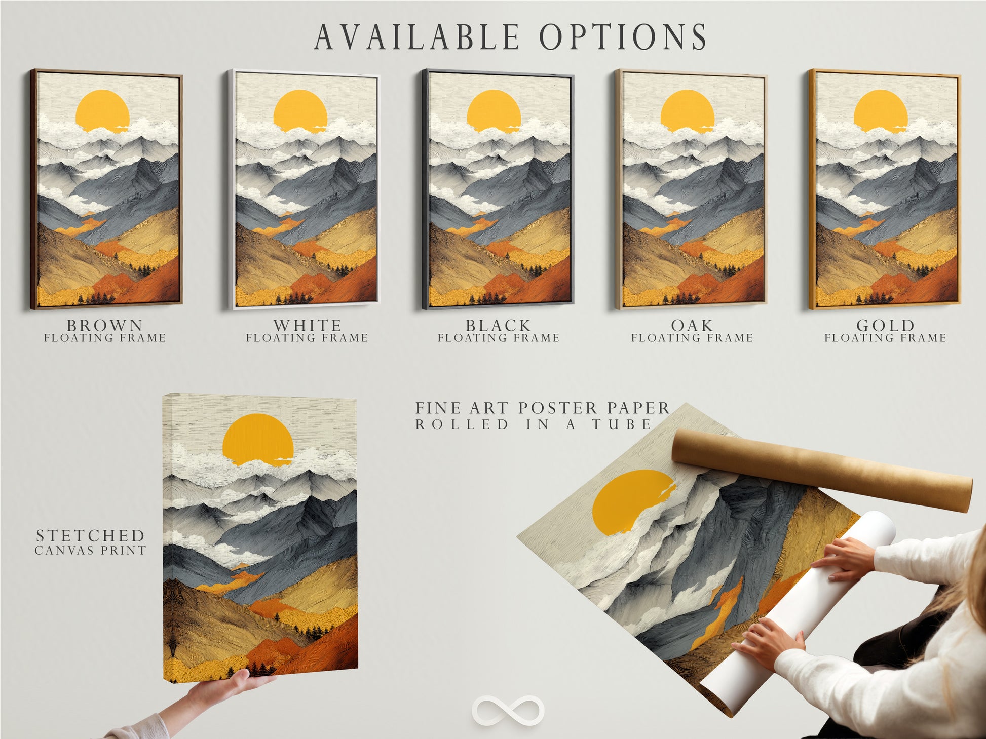 Explore available options for this mountain sunrise canvas artwork. Choose between a stretched canvas print or fine art poster paper. Consider a floating frame for a modern touch. Discover the perfect medium for this abstract landscape art. The golden sun nature poster is versatile for any style. Enhance your space with the perfect artwork.