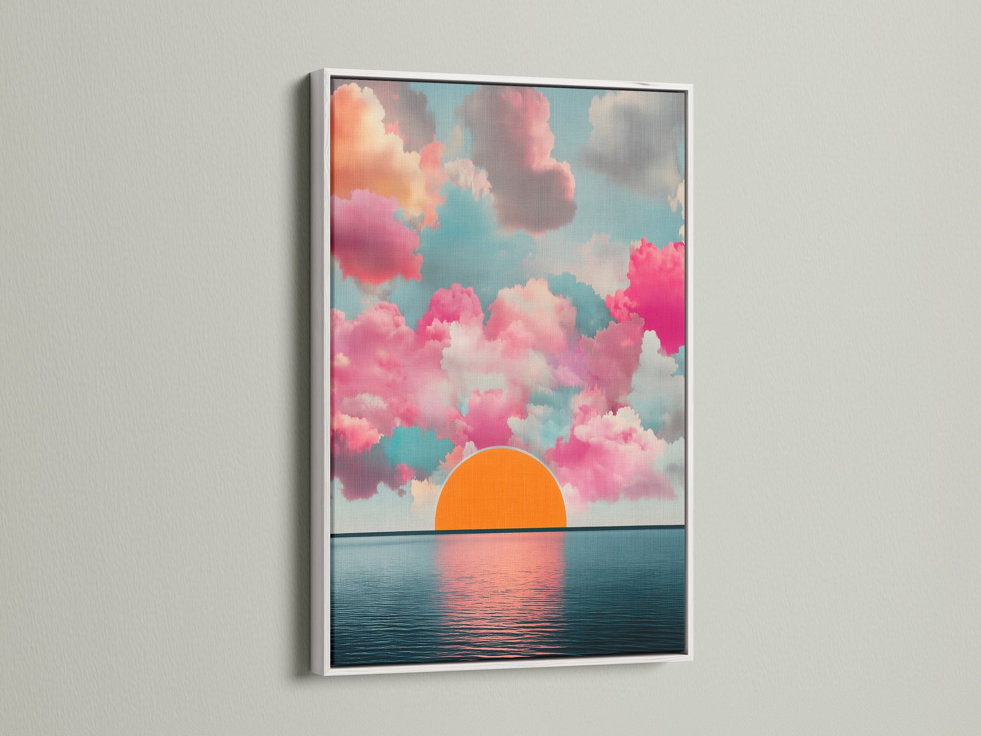 The Sunset Clouds artwork is displayed in a white frame. The abstract wall art creates a modern aesthetic for bedroom wall decor. The teal art complements coastal or modern styles. This sky artwork brings a calming ocean view to any space.