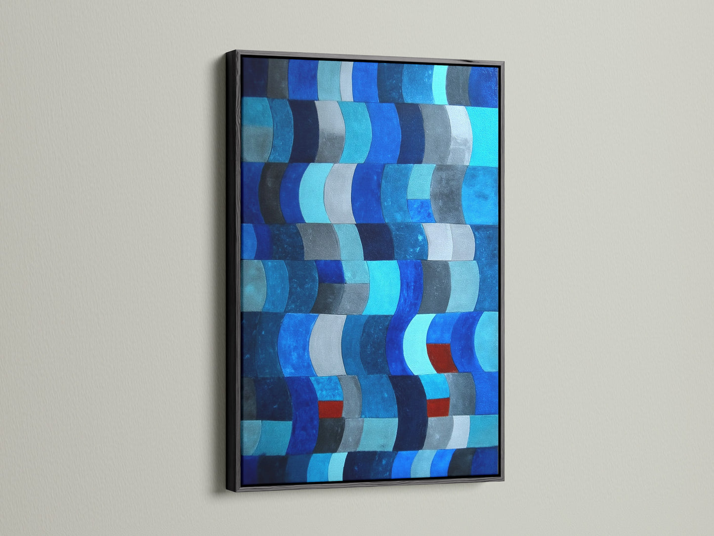 View this abstract art piece with a sleek black frame. The dark frame accentuates the blue shades of the modern artwork. A black frame adds a touch of sophistication. Perfect for modern art. Explore our collection of geometric wall art.
