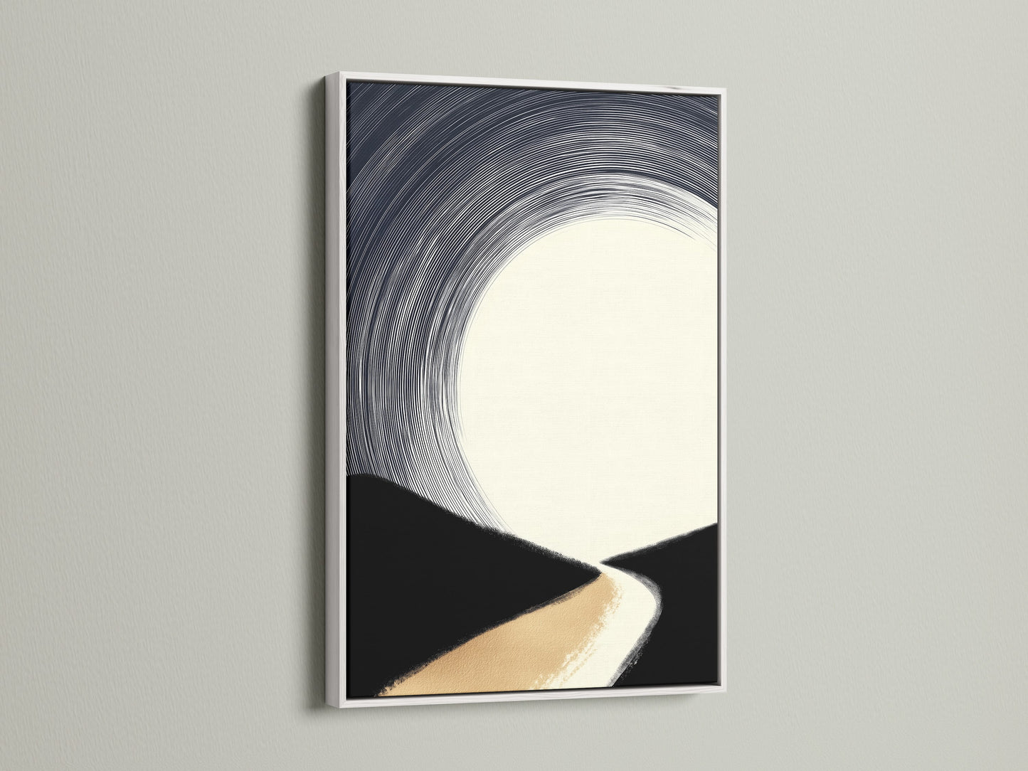 A white frame enhances a minimalist art piece. The artwork features an abstract landscape. Beige black and white tones create a serene atmosphere. This frame and artwork combination is perfect for brightening any space. It complements modern decor beautifully.