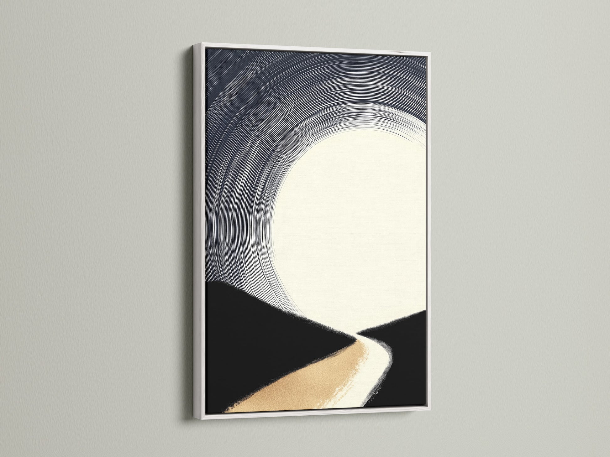 A white frame enhances a minimalist art piece. The artwork features an abstract landscape. Beige black and white tones create a serene atmosphere. This frame and artwork combination is perfect for brightening any space. It complements modern decor beautifully.