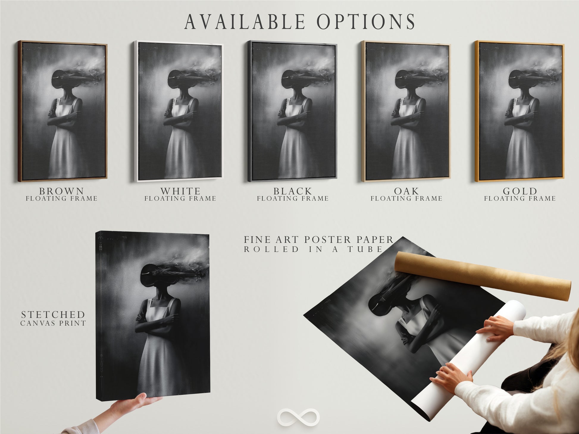 Available options include a stretched canvas print fine art poster paper and a floating frame. Select the best option for your surreal woman artwork. Black and white photography to fit your style