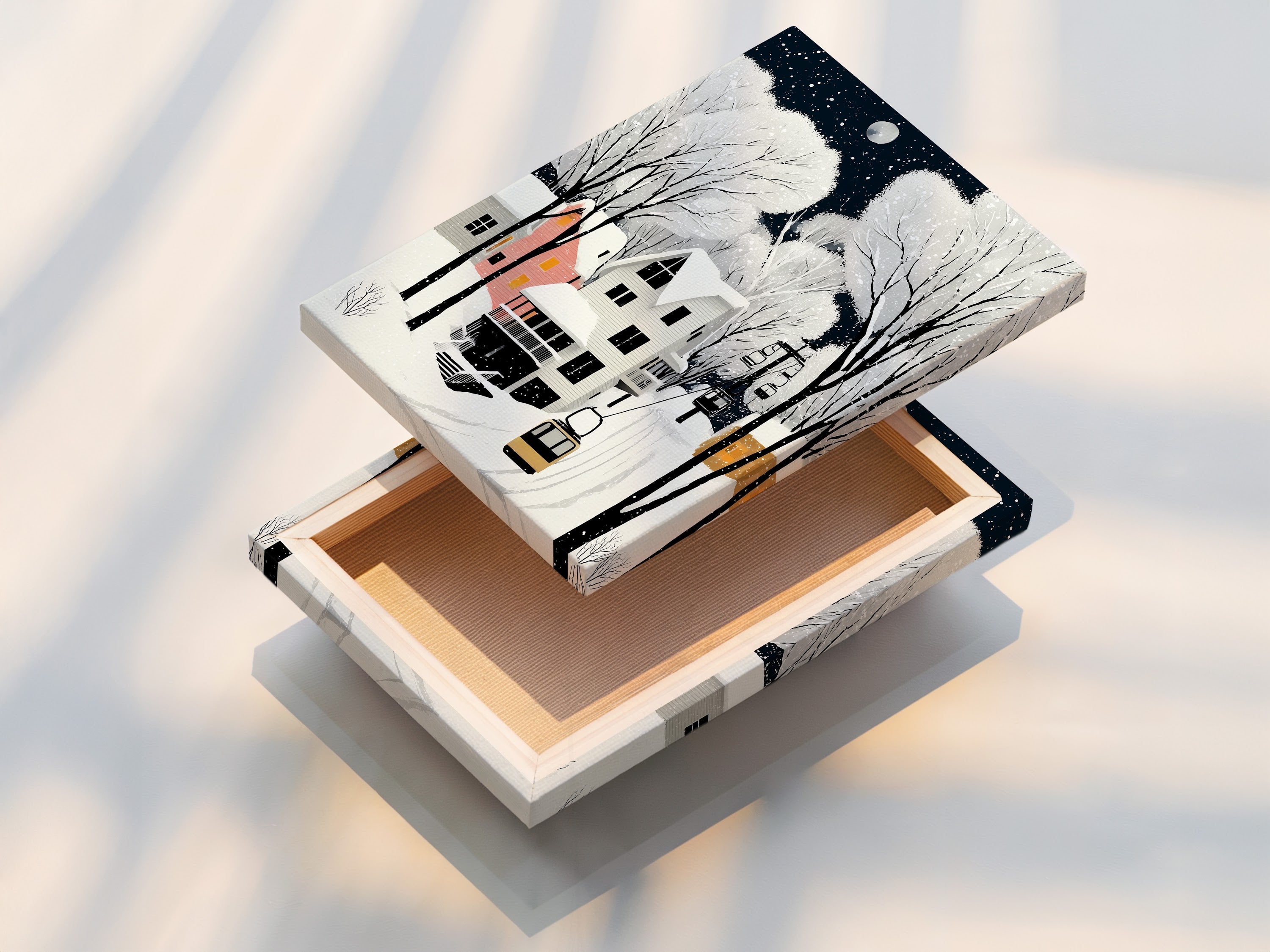 A stretched canvas print of Winter Village art is displayed. This cozy snow scene wall art is ready to hang and enjoy. The Scandinavian folk art adds a touch of Nordic style to your living space.