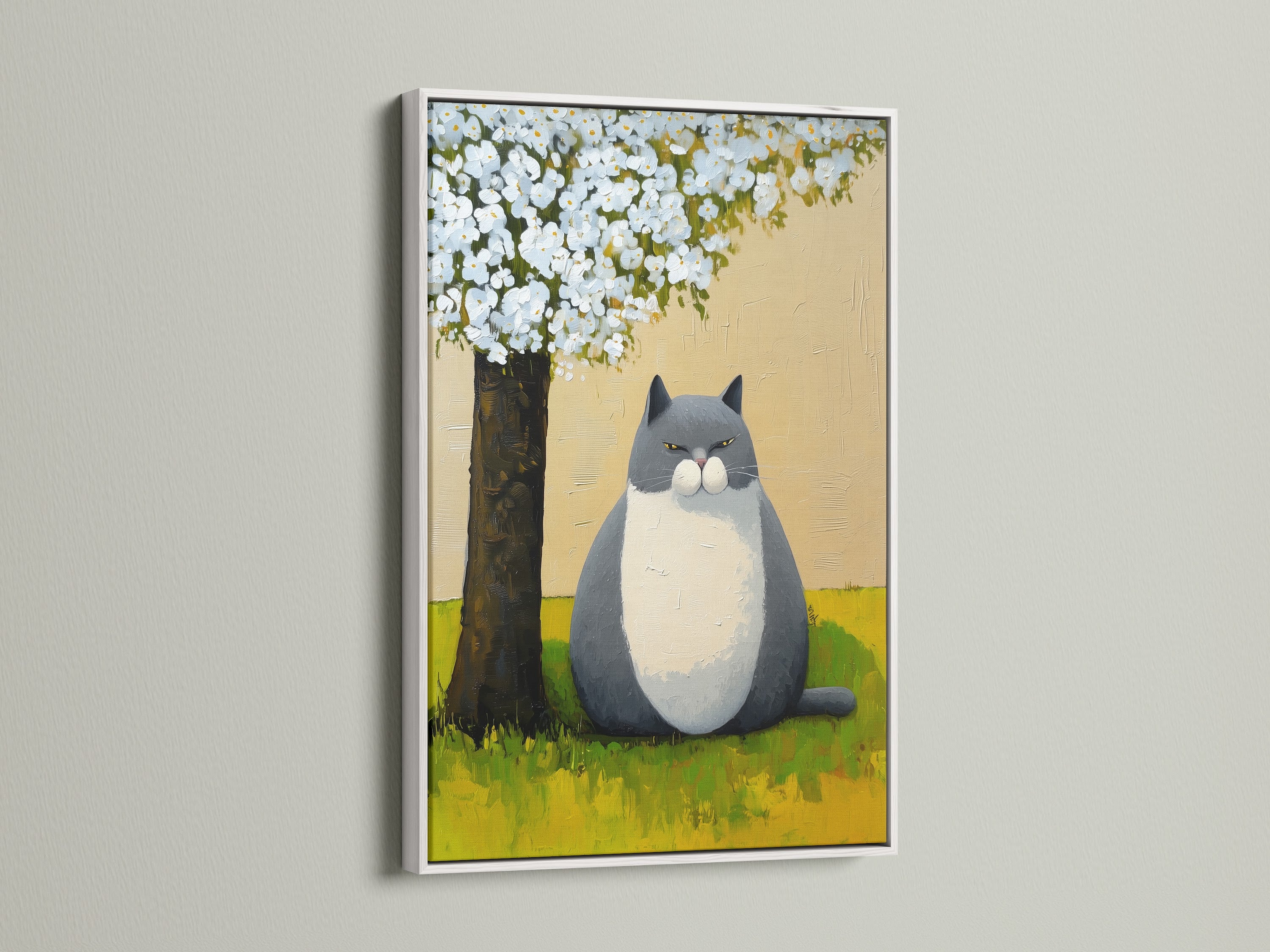A whimsical cat artwork print is showcased in a white frame. This is a peaceful garden canvas wall art print. This cute animal illustration is ideal for nursery room decor. This is contemporary art.