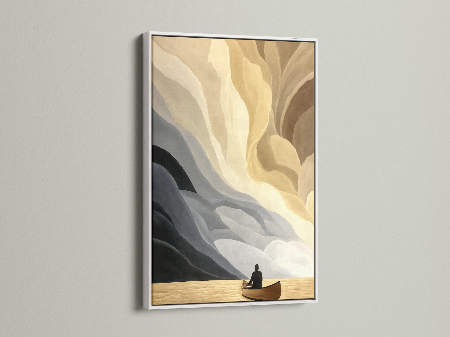 Abstract boat art in a white frame is displayed. The artwork features neutral tones of beige and gray. Perfect minimalist seascape artwork for office decor. This modern artwork complements minimalist Scandinavian coastal and modern interior styles. Bring serenity to your walls.