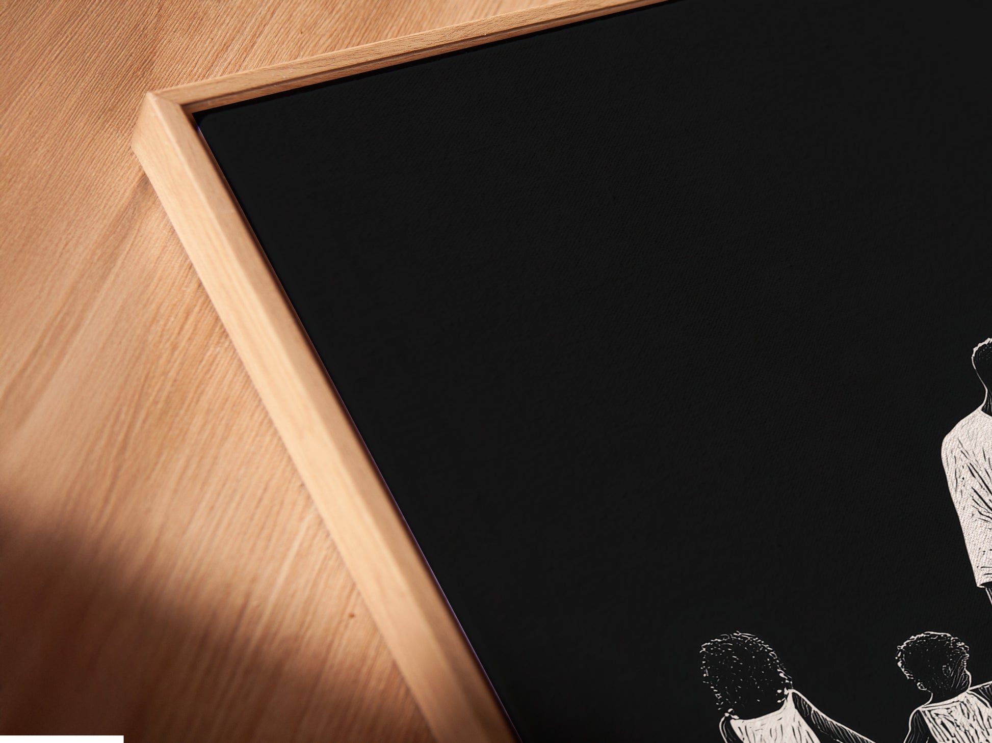 Angled close up of a canvas print in a floating frame. The art features a symbolic depiction. It shows a man holding hands with children in a field of flowers. The floating frame adds depth. It gives the artwork a contemporary look.