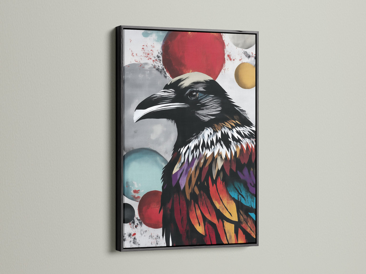 Modern raven art is framed in black. A striking contrast enhances this gothic artwork. This colorful bird wall art is perfect for a modern office. A unique gift for those loving gothic decor.