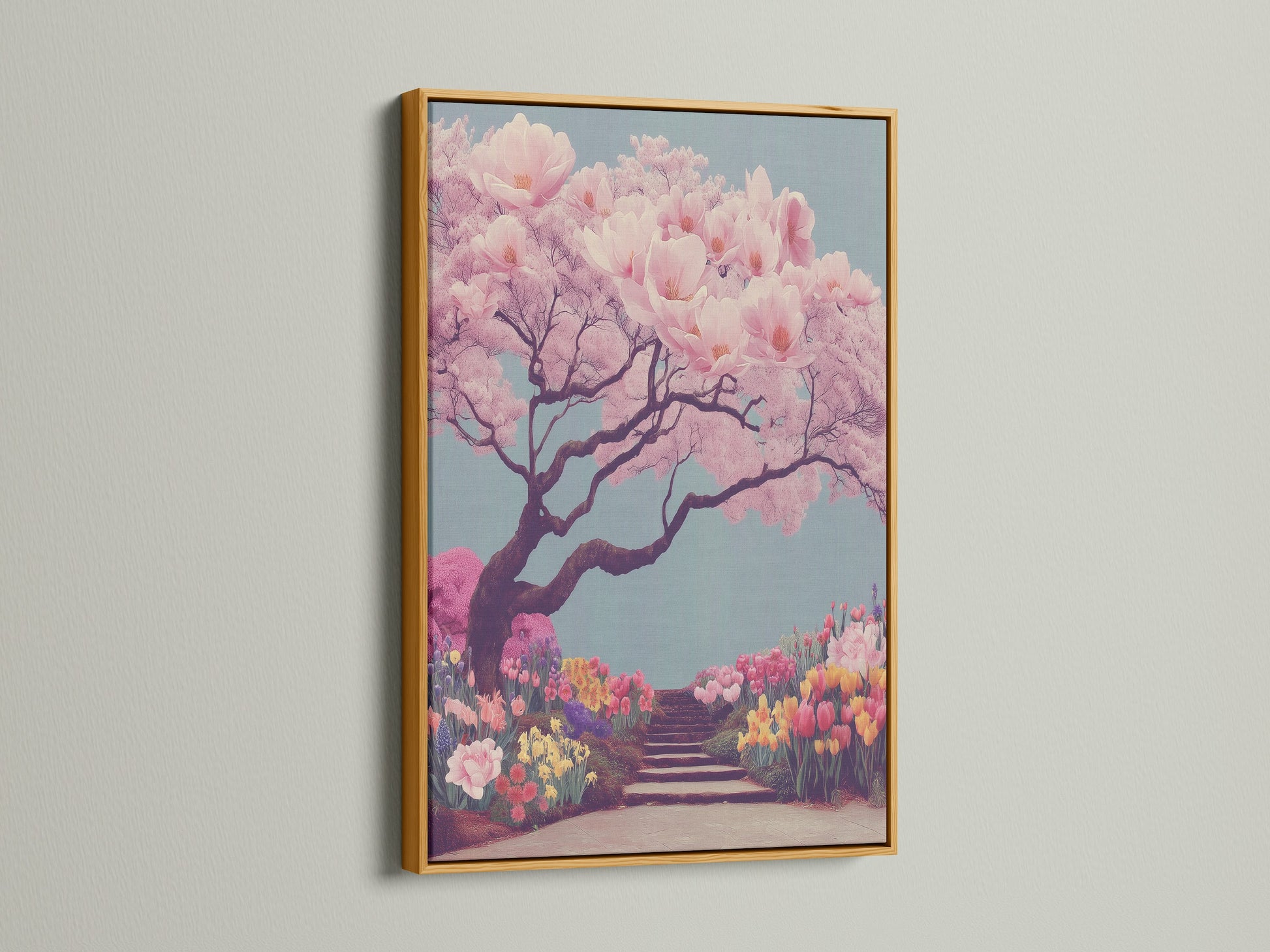 A gold framed Japanese garden canvas print featuring a cherry blossom tree. The pink sakura wall art adds a touch of luxury to your home. This spring artwork brings a fresh botanical element. It is ideal for living rooms bedrooms and co-working spaces. The zen decor creates a peaceful atmosphere.