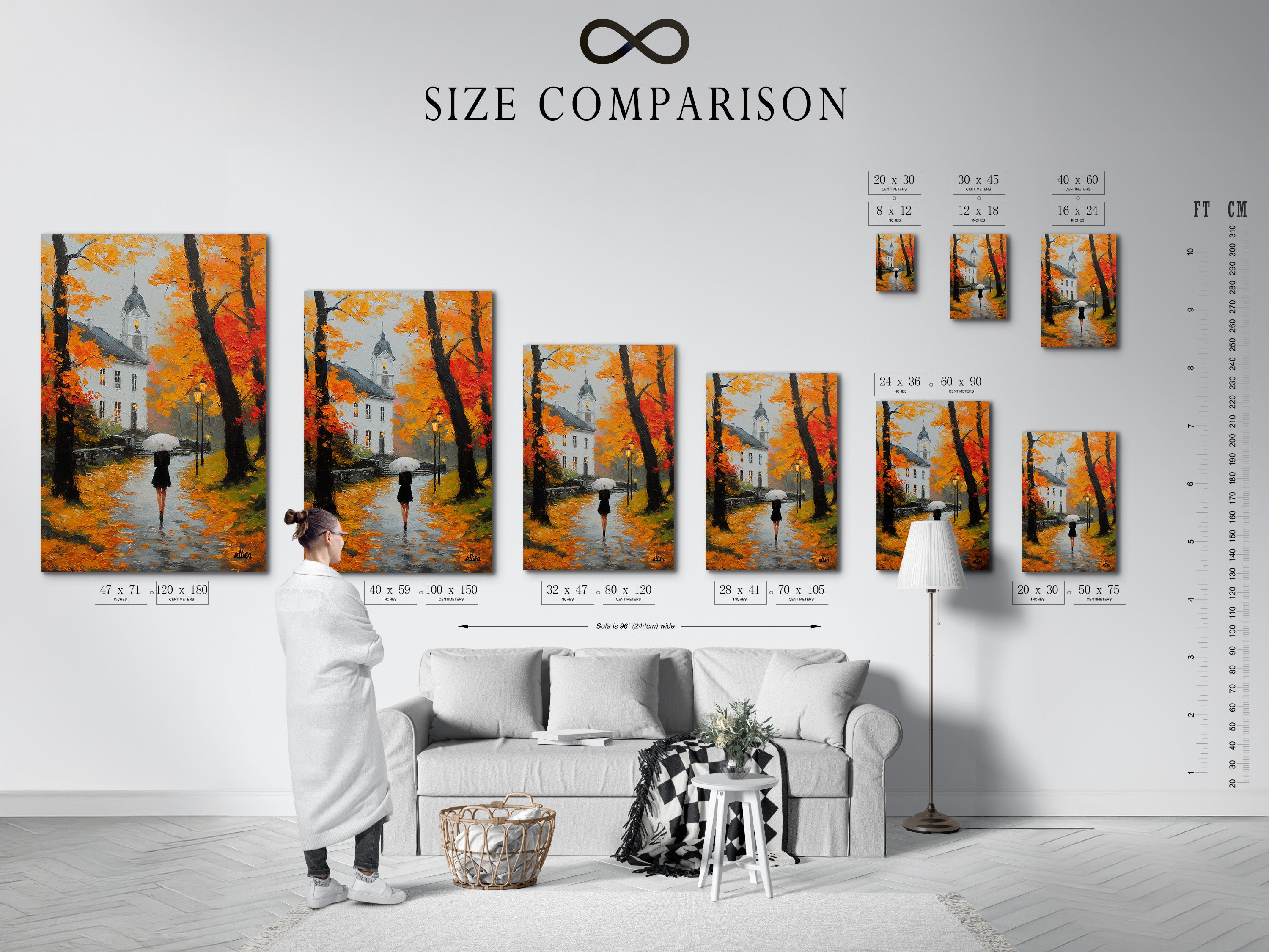 Size comparison chart in an interior setting. This chart helps you visualize artwork sizes. See how different sizes fit in your space. A useful guide for art selection. Choose the perfect size for your wall. Make informed decisions.