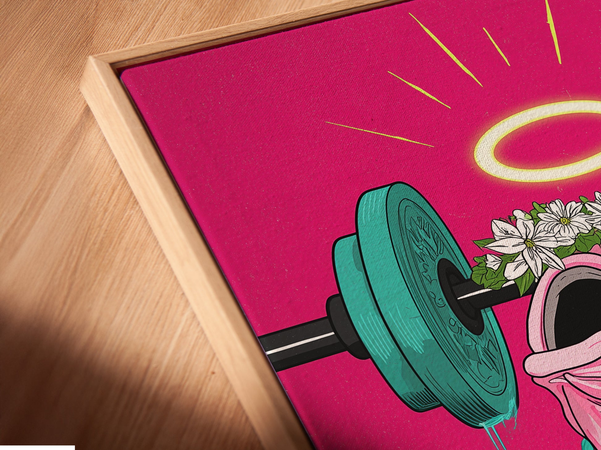 A close-up of the canvas print of the workout fish in a floating frame. The angled view highlights the artwork. This is perfect for adding a modern touch to your fitness space with motivational art.