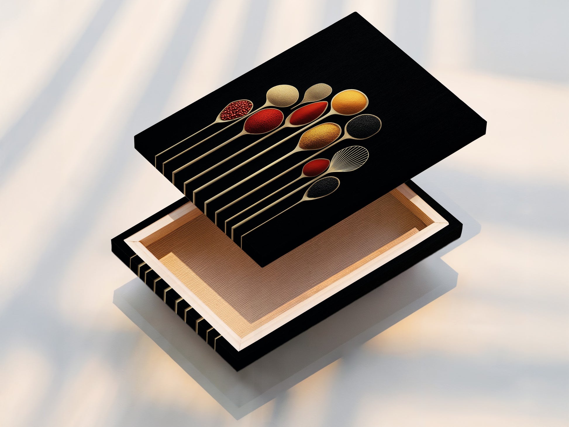 A stretched canvas print of Spice Spoons artwork. The modern design makes it a perfect addition to any kitchen wall. Elevate your dining decor with this culinary art print.