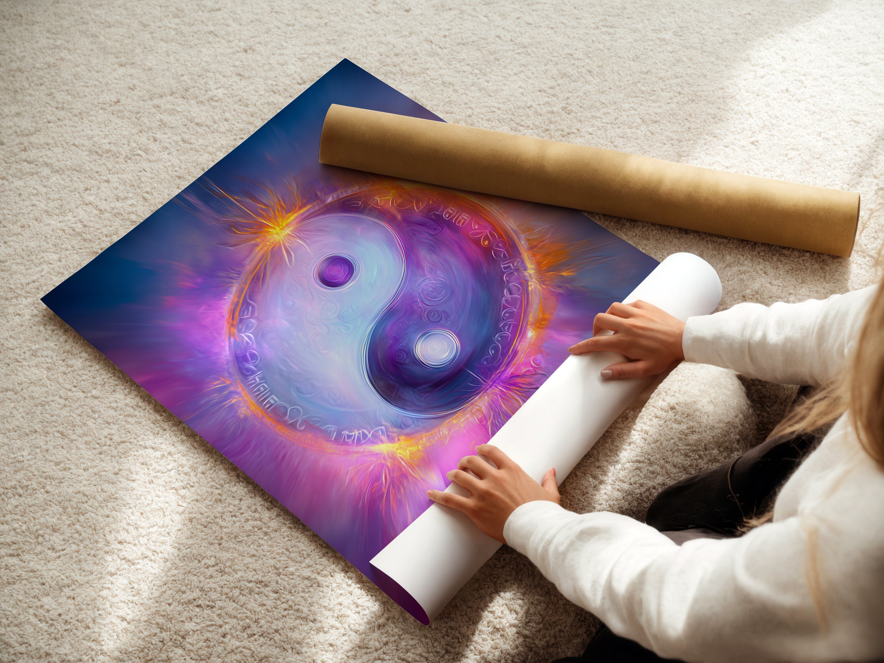 A woman is carefully rolling a fine art poster paper. The artwork is a Yin Yang print. It is perfect for spiritual meditation and zen decor. The cosmic energy design enhances any space.