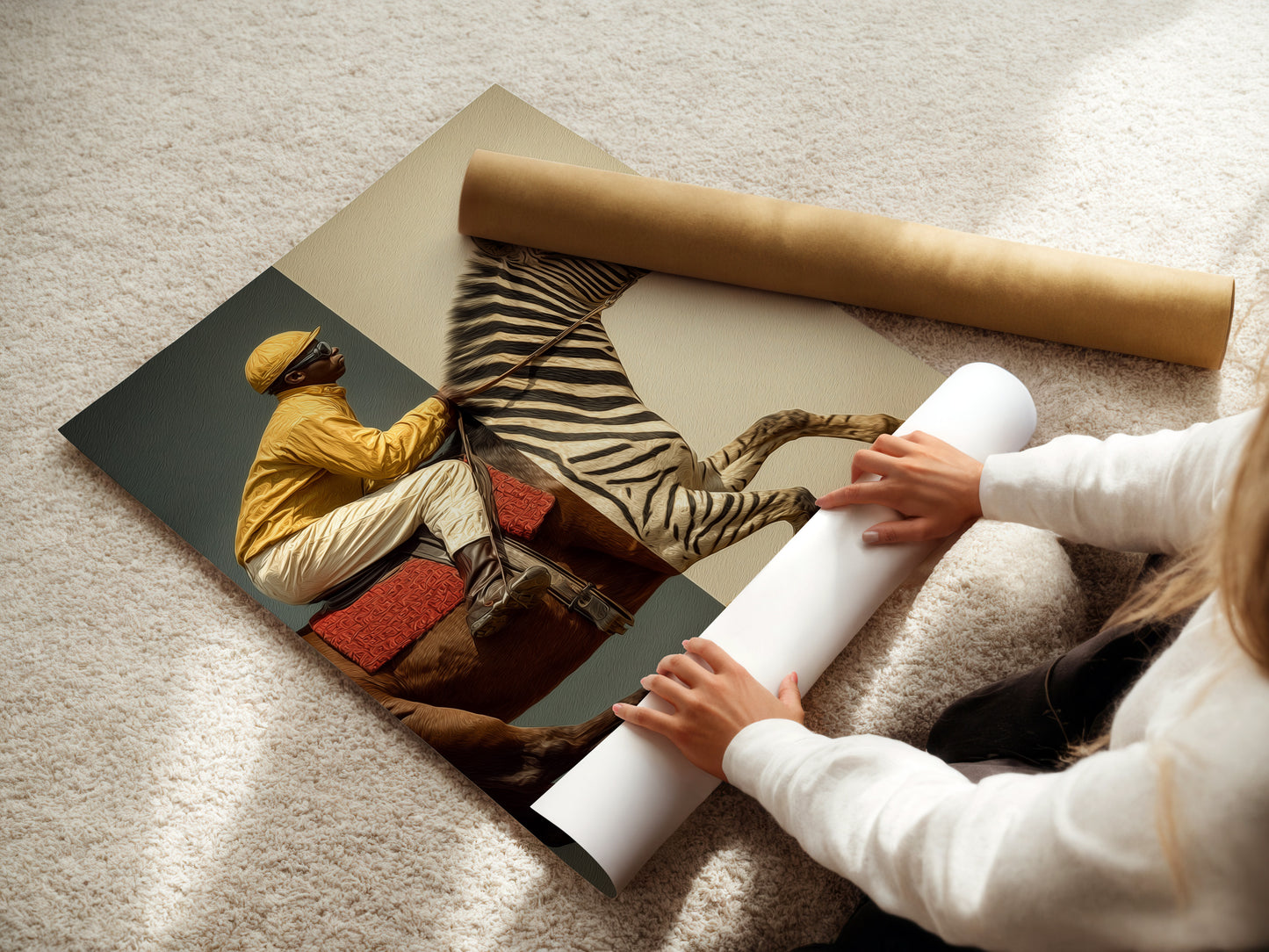 A woman carefully rolling a fine art poster paper. High-quality fine art paper ensures vibrant and lasting prints. Create stunning displays with our premium fine art poster paper. Perfect for any space.