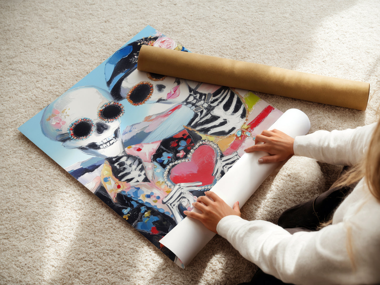 A woman is carefully rolling a fine art poster paper. She is handling a sugar skull couple poster. This ensures the calavera print arrives in perfect condition. Ready to be framed and displayed as gothic wall art.