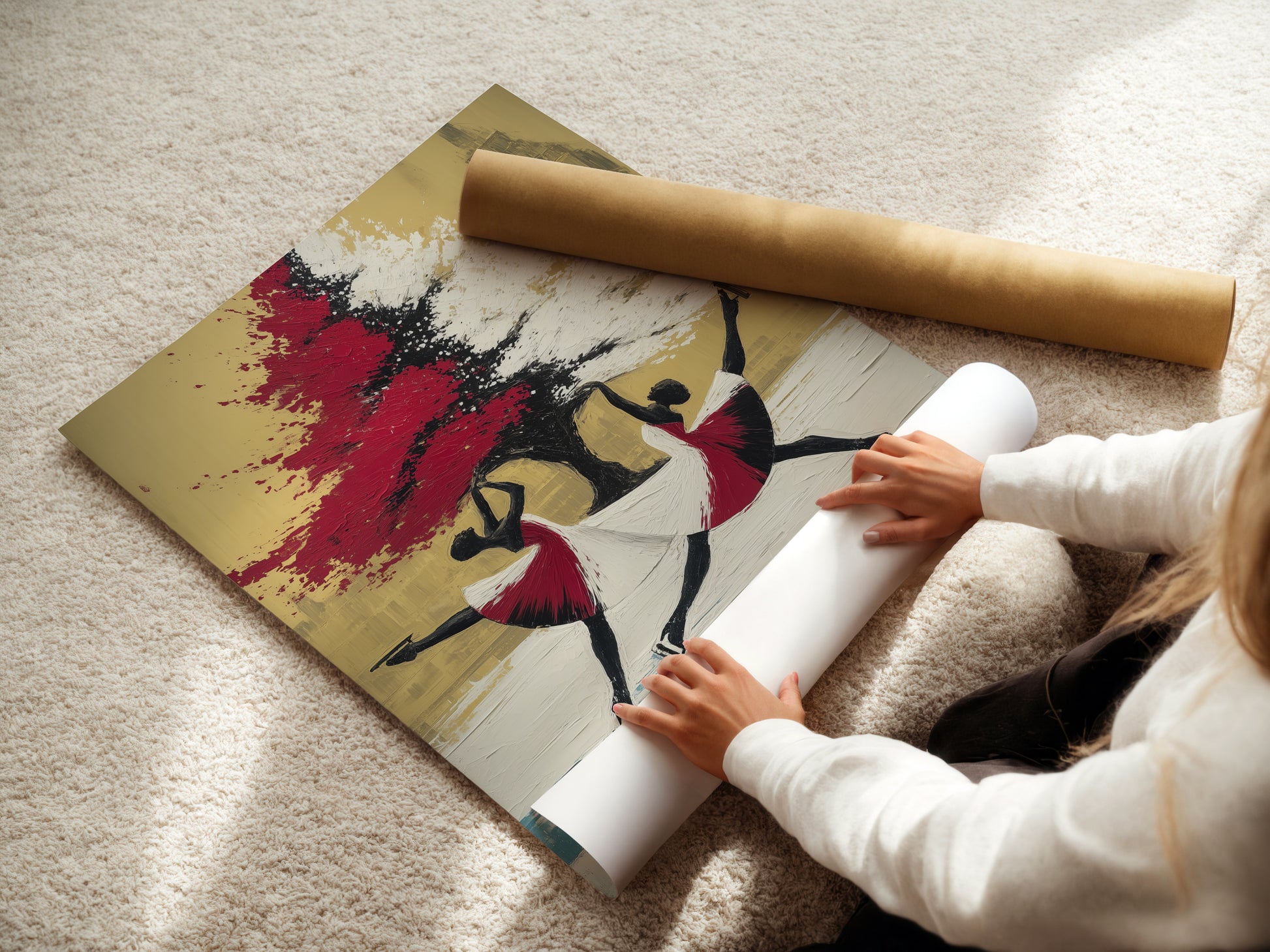 A woman is carefully rolling a fine art poster paper. The paper is high-quality and ready for printing. This ensures your ballet dancers artwork arrives in perfect condition. Get ready to display your stunning new wall art. We ensure quality and care.