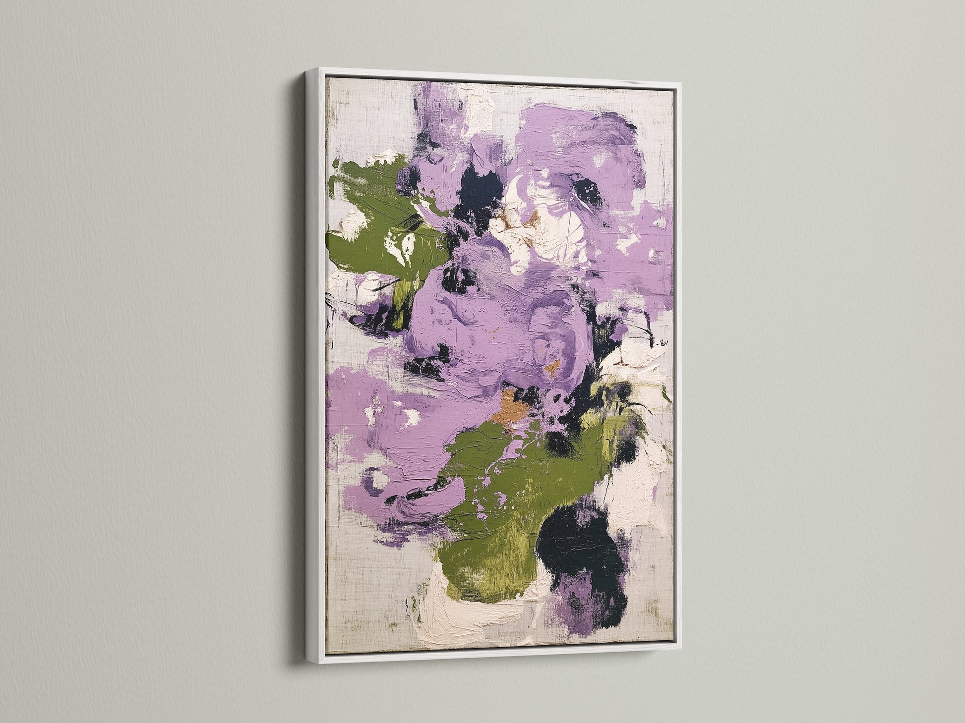 Abstract floral artwork in purple and green tones set in a white frame. This contemporary print offers a clean and modern aesthetic. Ideal for enhancing bedroom wall decor. The artwork's vibrant colors and abstract style create a focal point in any space.