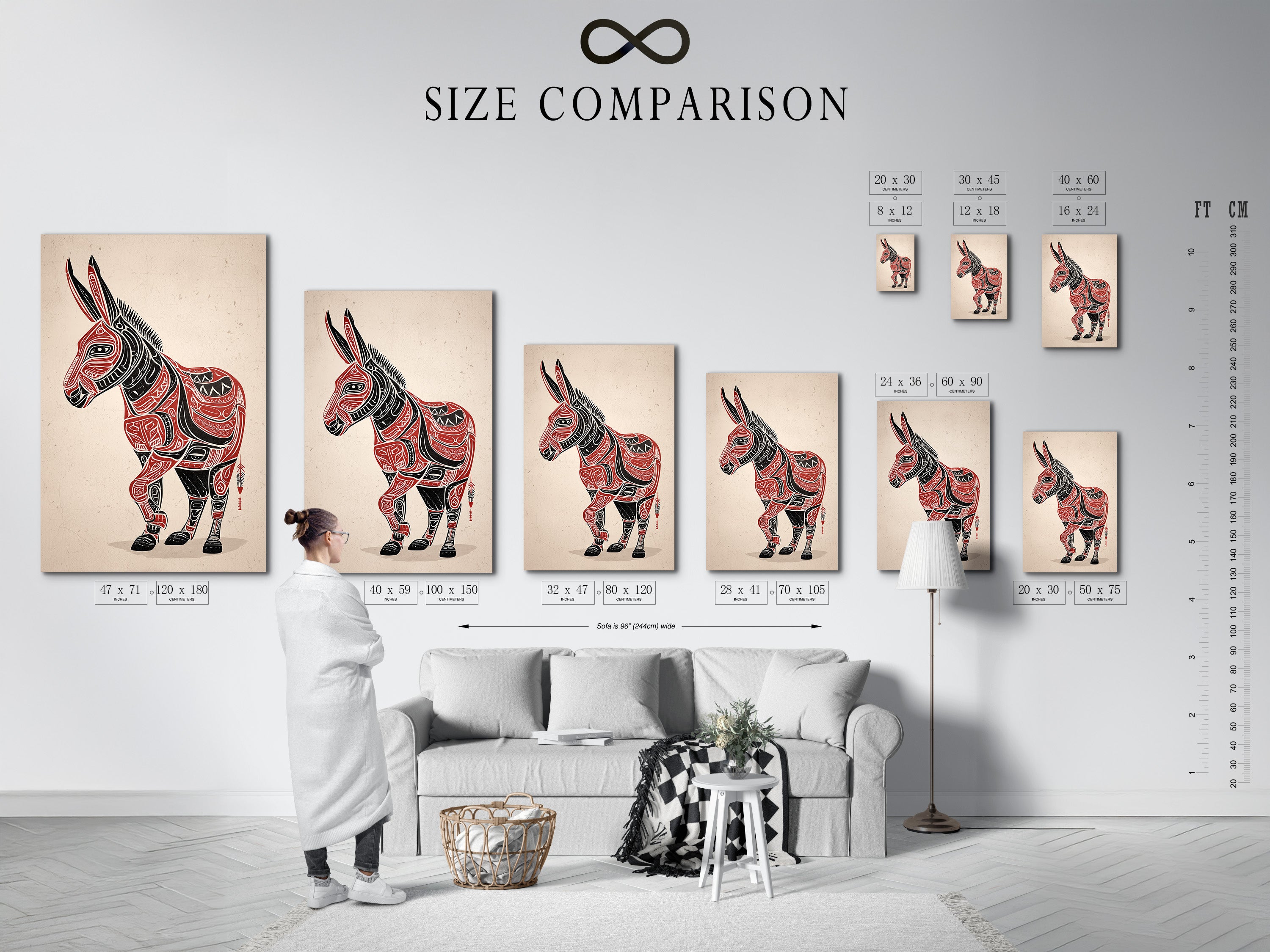 A size comparison chart in an interior setting. It shows the Tribal Donkey art in various sizes. This helps visualize the artwork in your space. The native american art fits different wall dimensions. Choose the perfect size for your southwestern decor. The tribal animal art will complement your home or office.