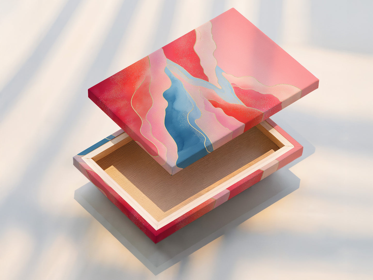 A stretched canvas print displays the abstract river. The pink coral mountain landscape wall art is ready to hang. This modern nature art will enhance any room's ambiance. Upgrade your living space today.