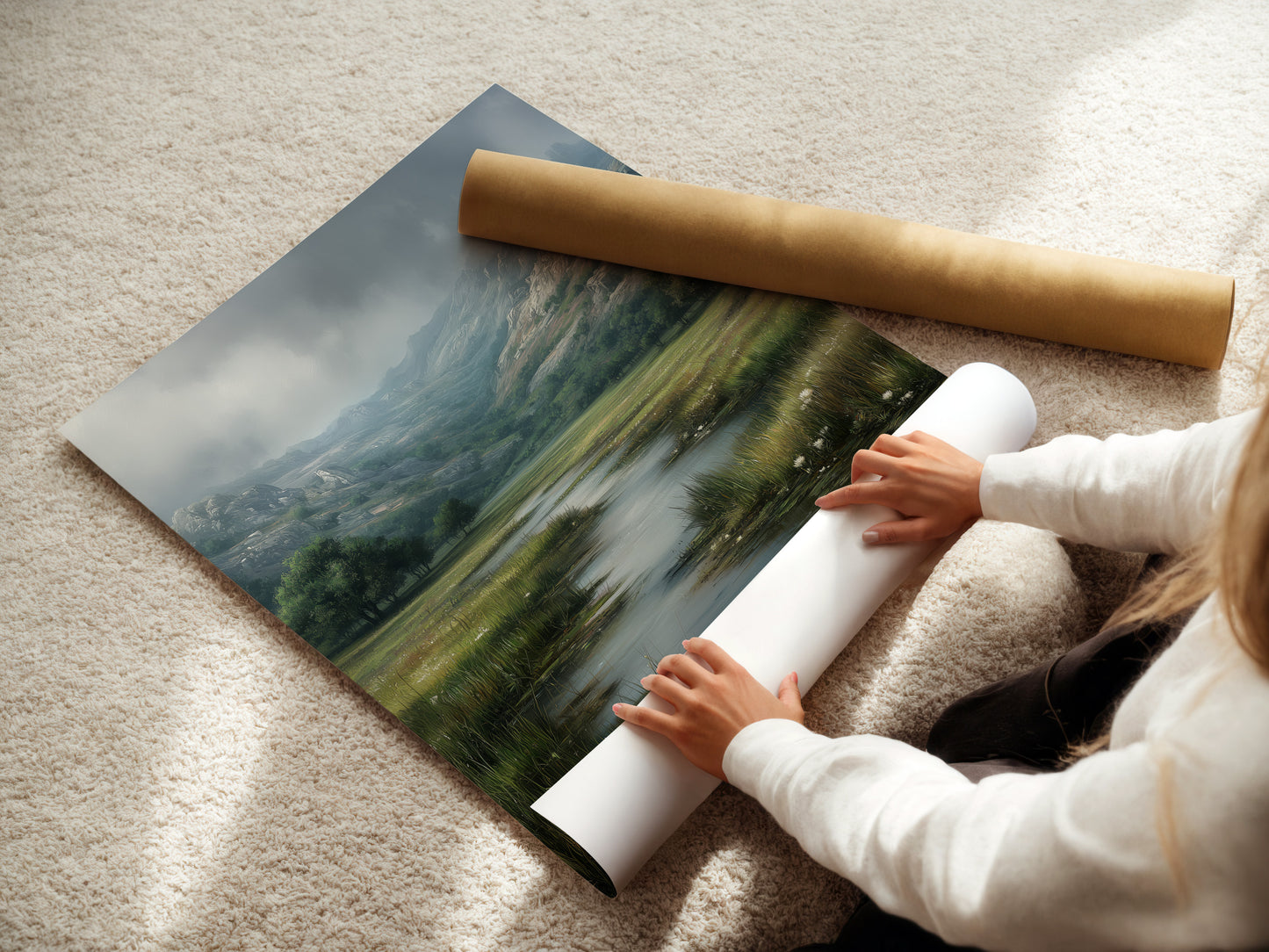 A woman is carefully unrolling a fine art poster paper. The paper looks high quality. She prepares it for framing or display. The delicate handling shows the care and attention. This ensures the artwork remains in perfect condition. Ready to become a beautiful piece of art.