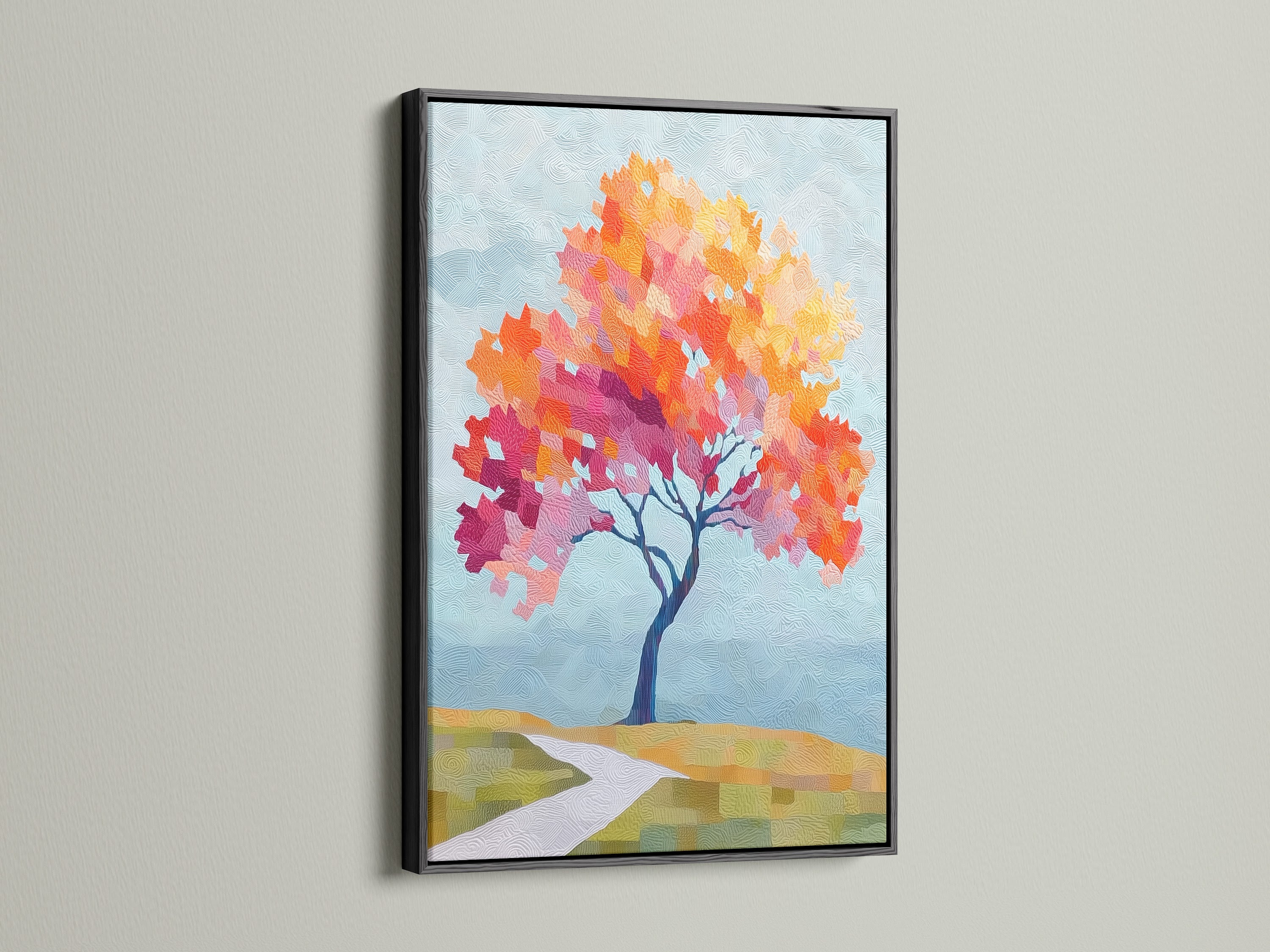 Black frame displaying the Autumn Tree Canvas Print. The colorful tree art is a modern nature art piece. The black frame offers a sleek contemporary look. It enhances the vibrant tree print. This artwork is a statement piece.