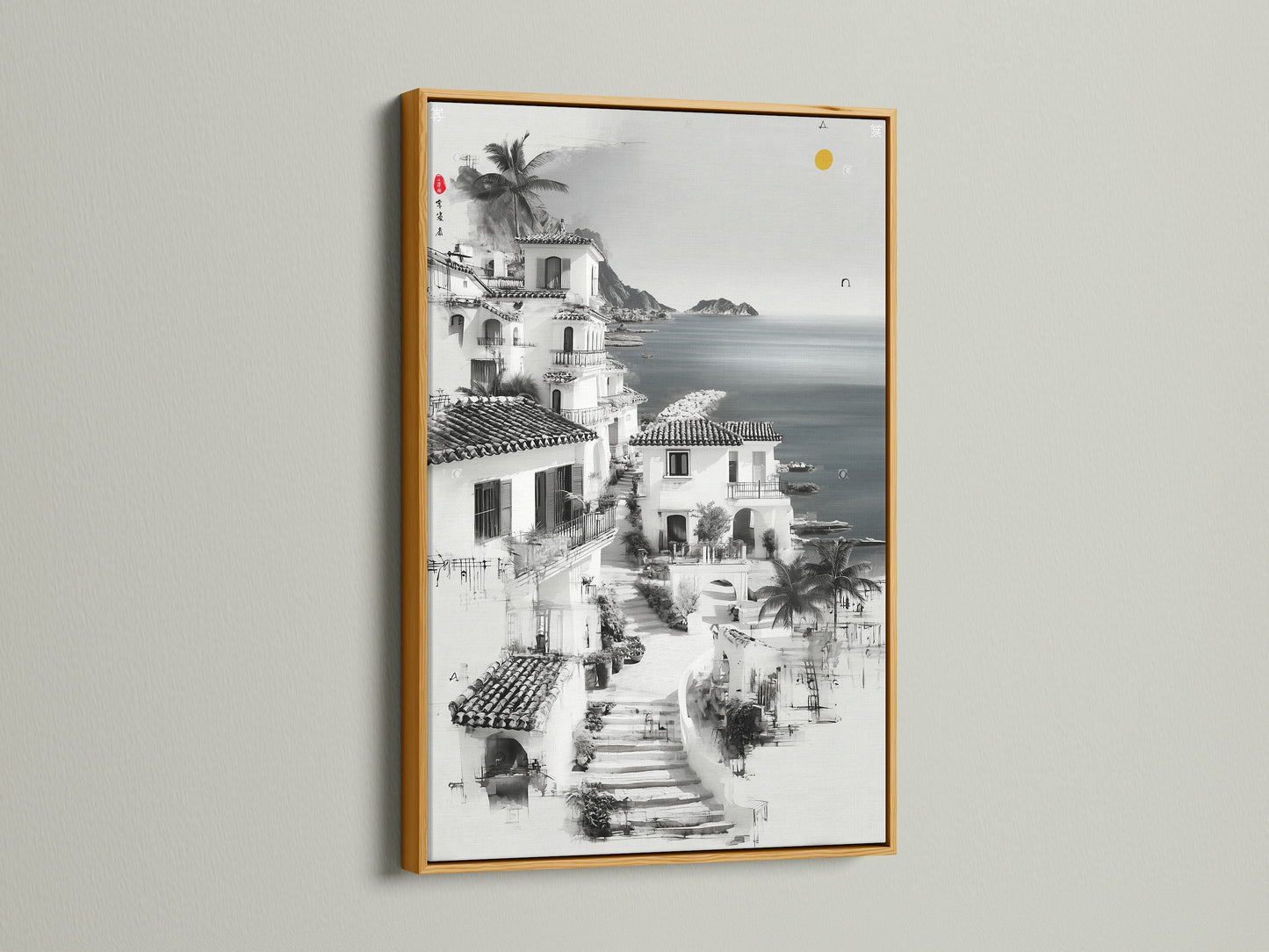 Coastal Village artwork in a gold frame. Add a touch of luxury to your walls. This Mediterranean artwork brings coastal scenery indoors. It is ideal for creating an inviting atmosphere.