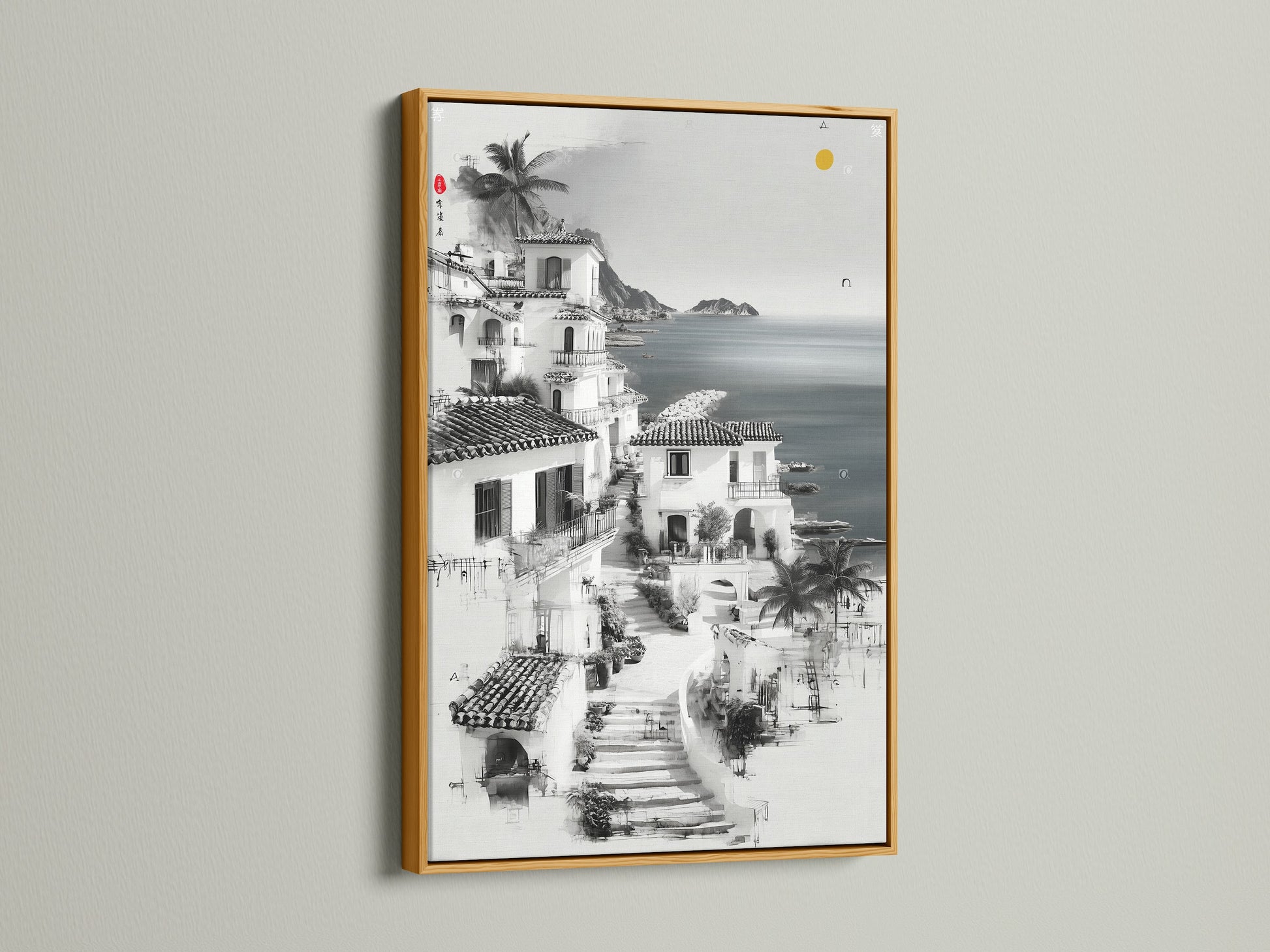 Coastal Village artwork in a gold frame. Add a touch of luxury to your walls. This Mediterranean artwork brings coastal scenery indoors. It is ideal for creating an inviting atmosphere.