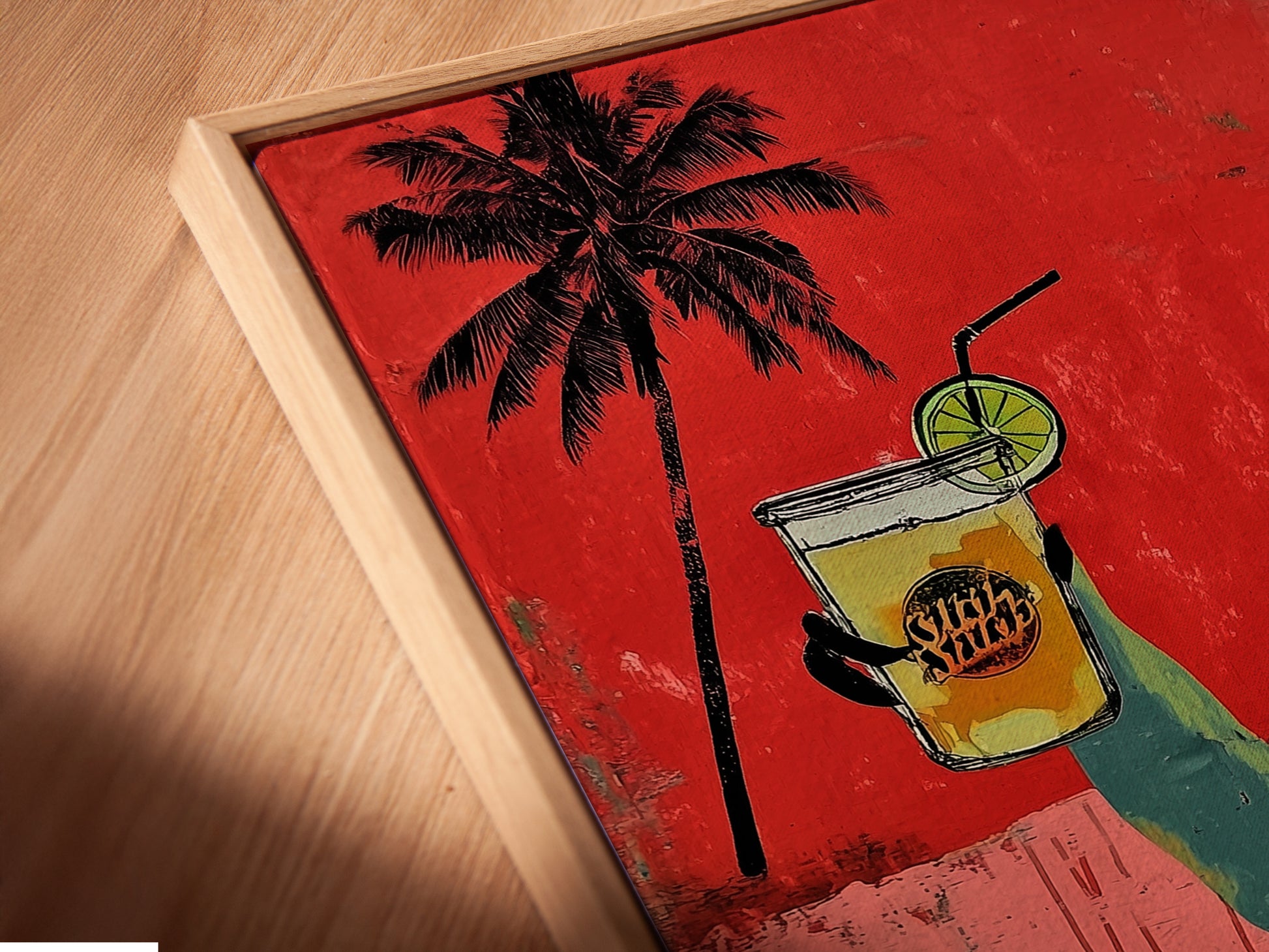 A close-up angled view shows a canvas print in a floating frame. The sloth artwork adds a unique touch. This piece is perfect for art collectors. It enhances vacation homes with its tropical vibe.