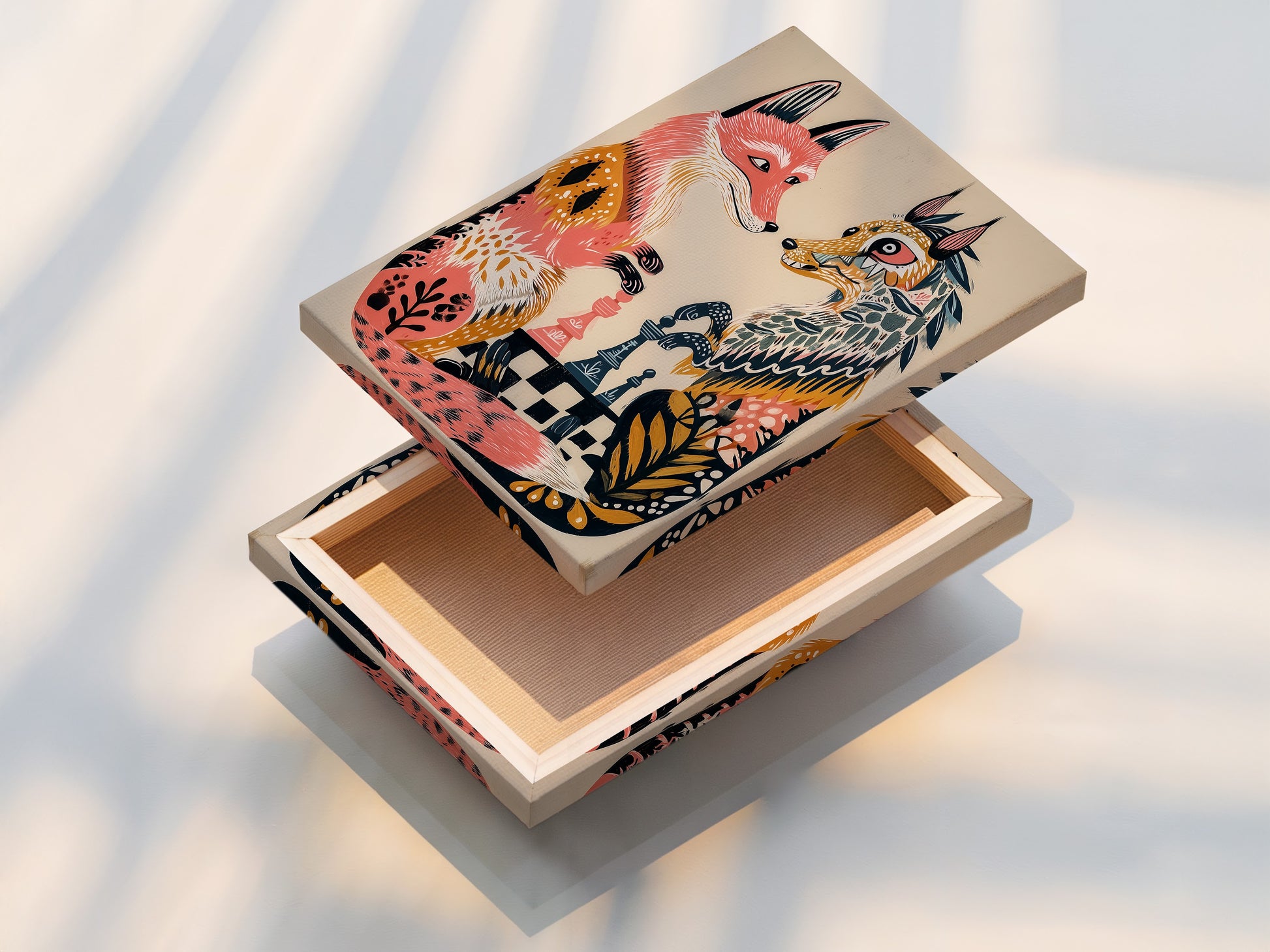 A stretched canvas print displays the fox chess game artwork. The canvas texture enhances the artwork's colors and details. This stretched canvas is ready to hang. It brings a gallery-quality look to your walls.