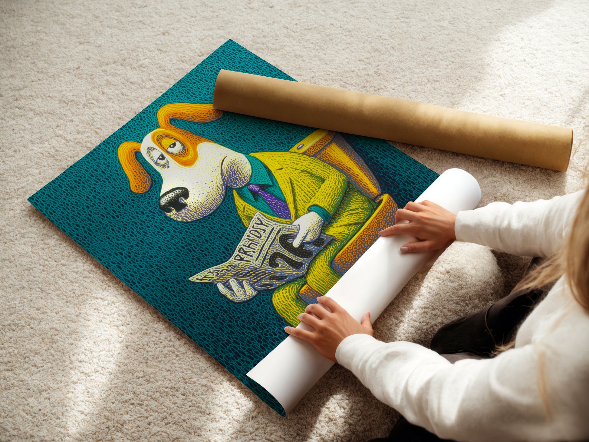 A woman is carefully rolling a fine art poster paper. This high-quality paper is perfect for printing artwork. This ensures the artwork looks its best. Ideal for creating stunning wall art.