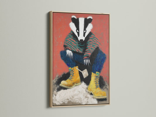 The badger artwork print is showcased in an oak frame. The warm wood complements the art's orange and green tones. This woodland animal art brings a cozy feel to nurseries and kids' rooms. It is an ideal choice for folk art style decor and nature wall art.