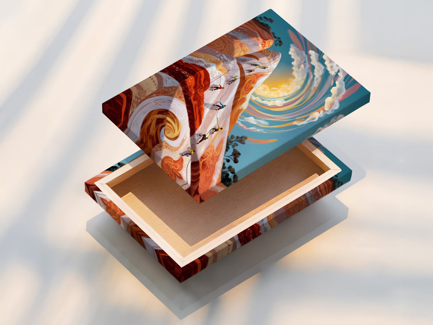 This is a stretched canvas print of mountain climbing artwork. It is ready to hang and inspire your next adventure. The sporty wall decor is perfect for a home gym or living room. The art features climbers on a vibrant mountain with orange and blue accents.