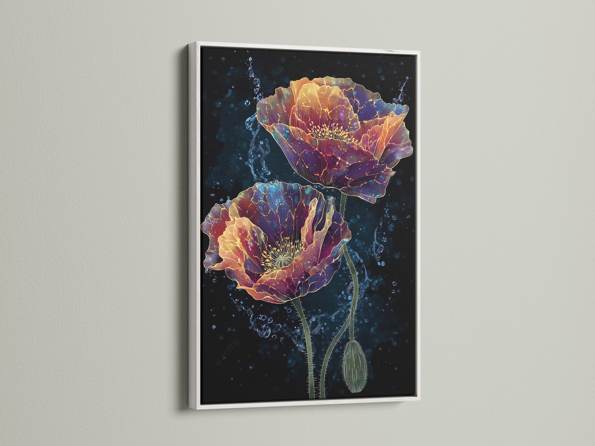 The floral poppy canvas artwork is elegantly presented in a clean white frame. Perfect for adding a touch of modern style to any room. This botanical artwork complements minimalist and Scandinavian decor. Explore our range of flower art prints and create a serene and stylish space.