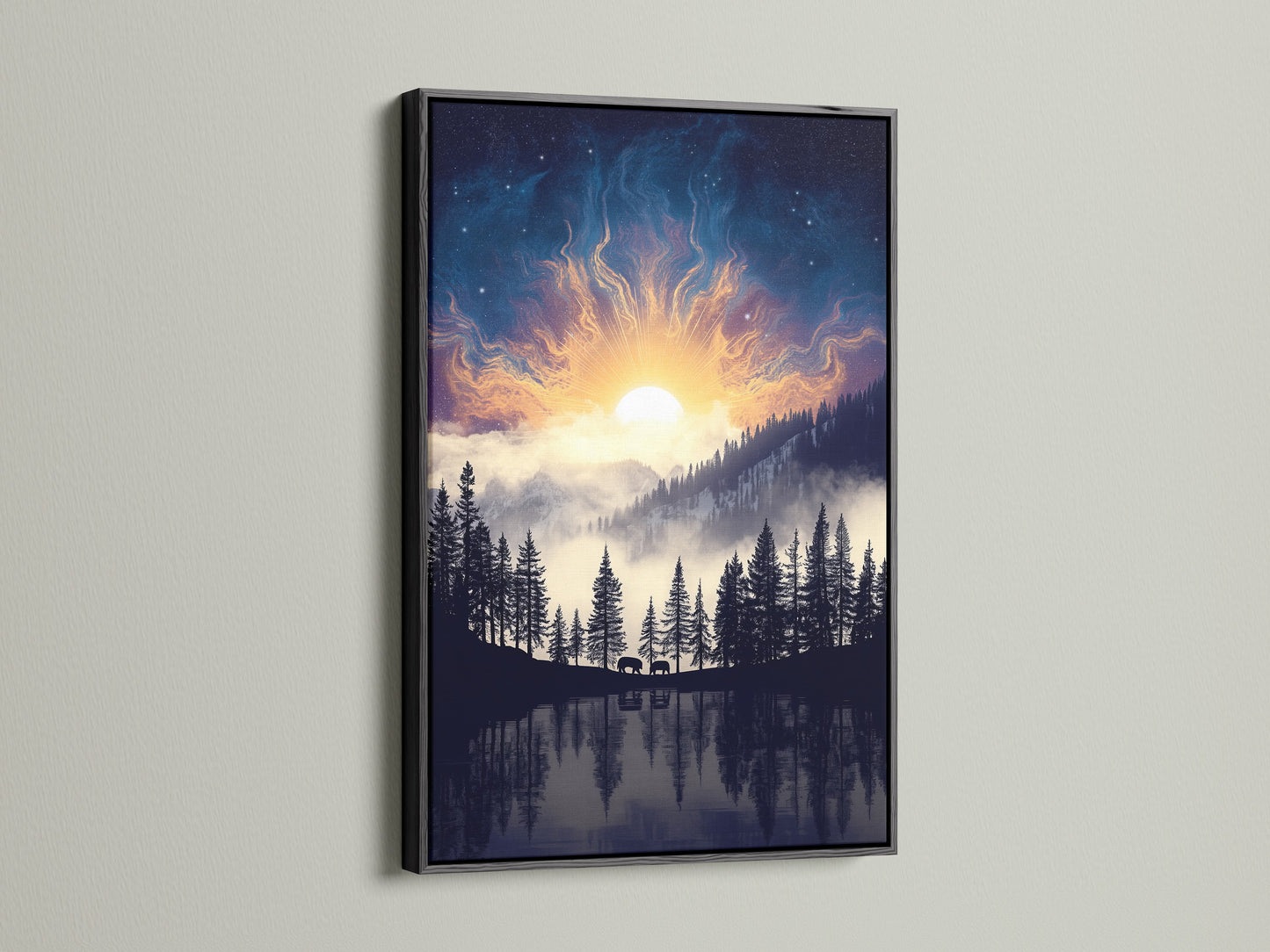 Mountain Lake artwork with a black frame presents a modern nature scene. The artwork features a lake reflecting pine trees under a celestial sky. This nature print is a perfect addition to your gallery wall. Enhance your bedroom decor with wilderness art.