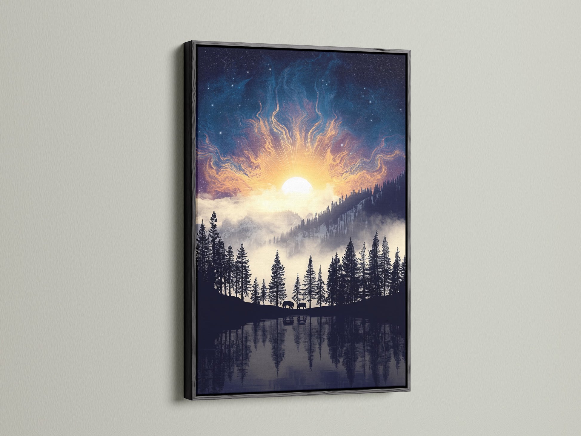 Mountain Lake artwork with a black frame presents a modern nature scene. The artwork features a lake reflecting pine trees under a celestial sky. This nature print is a perfect addition to your gallery wall. Enhance your bedroom decor with wilderness art.
