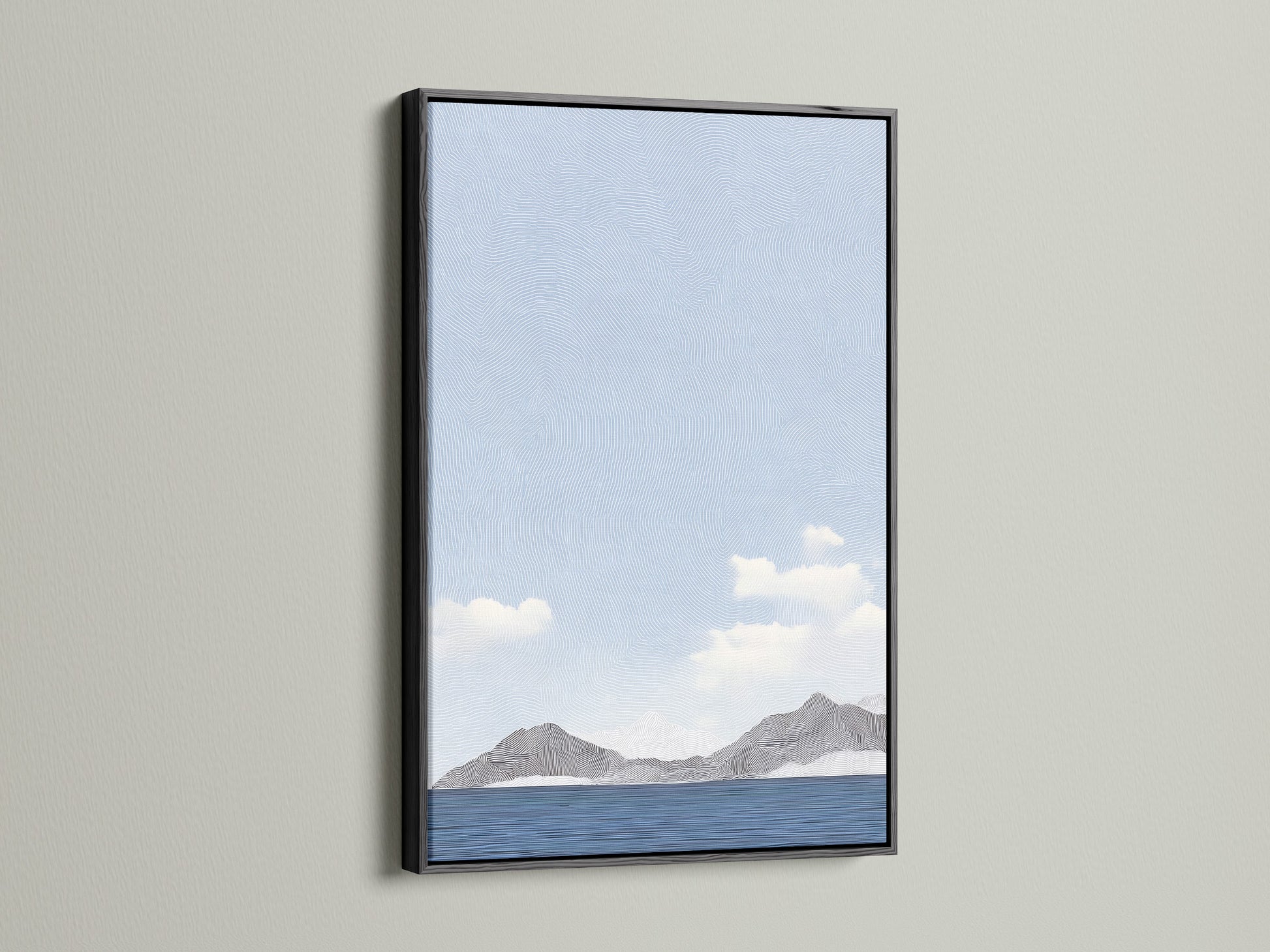 A black frame presents a striking piece of art. The artwork shows mountains by the sea. The black frame creates a bold modern statement. Add contrast and elegance to your space. This frame focuses on the art.