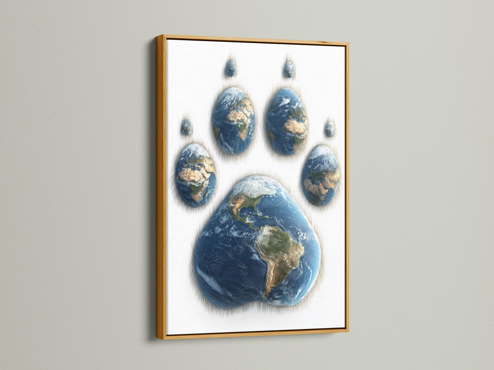 Gold frame displaying a luxurious artwork. The art shows a paw print made of Earths. The gold frame offers a touch of elegance and glamour. This artwork adds a sense of sophistication to any space. The golden frame complements the colors beautifully. Ideal for creating a high-end aesthetic.