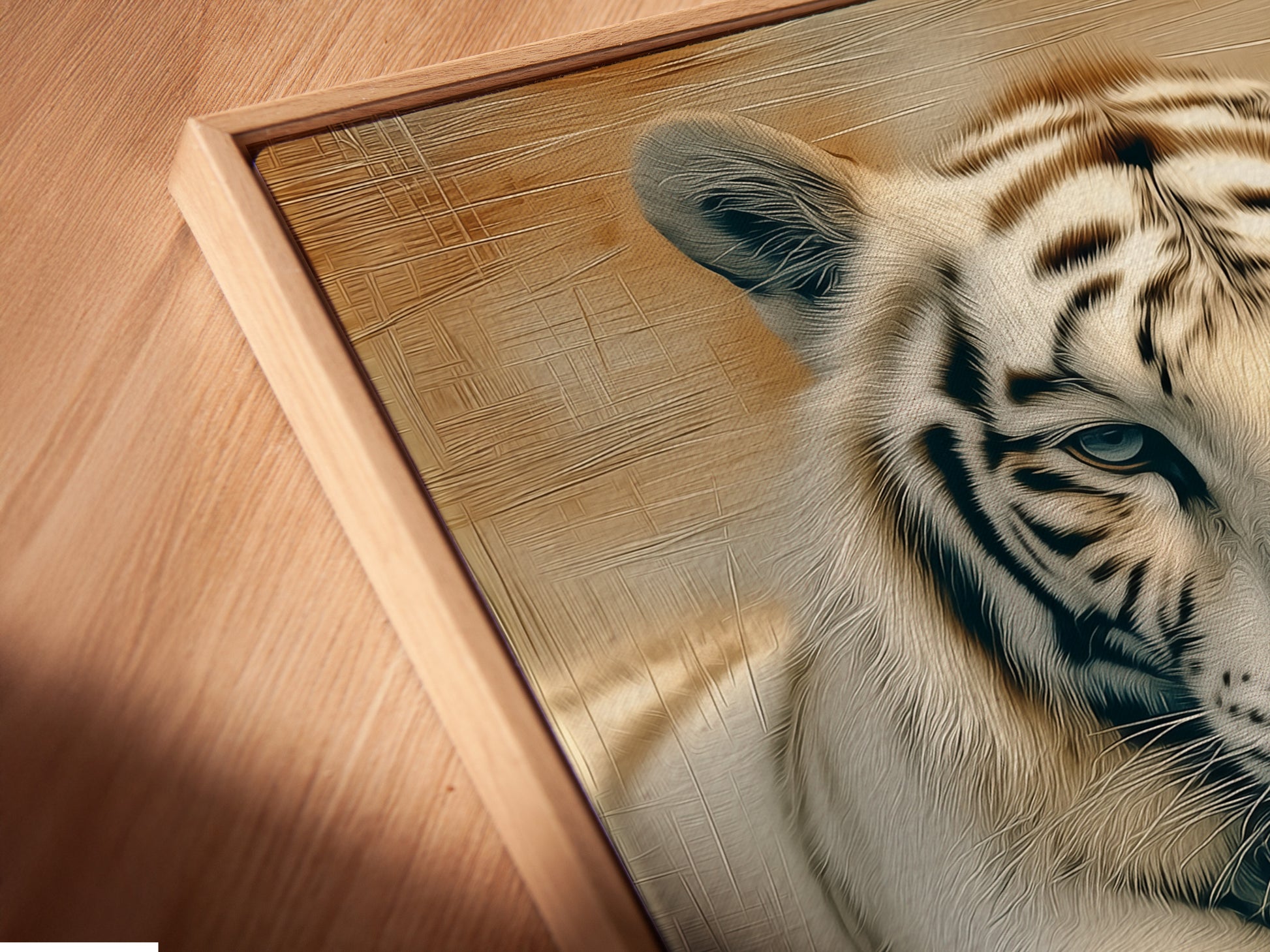 A close up angled view of a canvas print in a floating frame. The white tiger artwork appears to float off the wall. The animal photography is a contemporary piece for home or office wall decor.