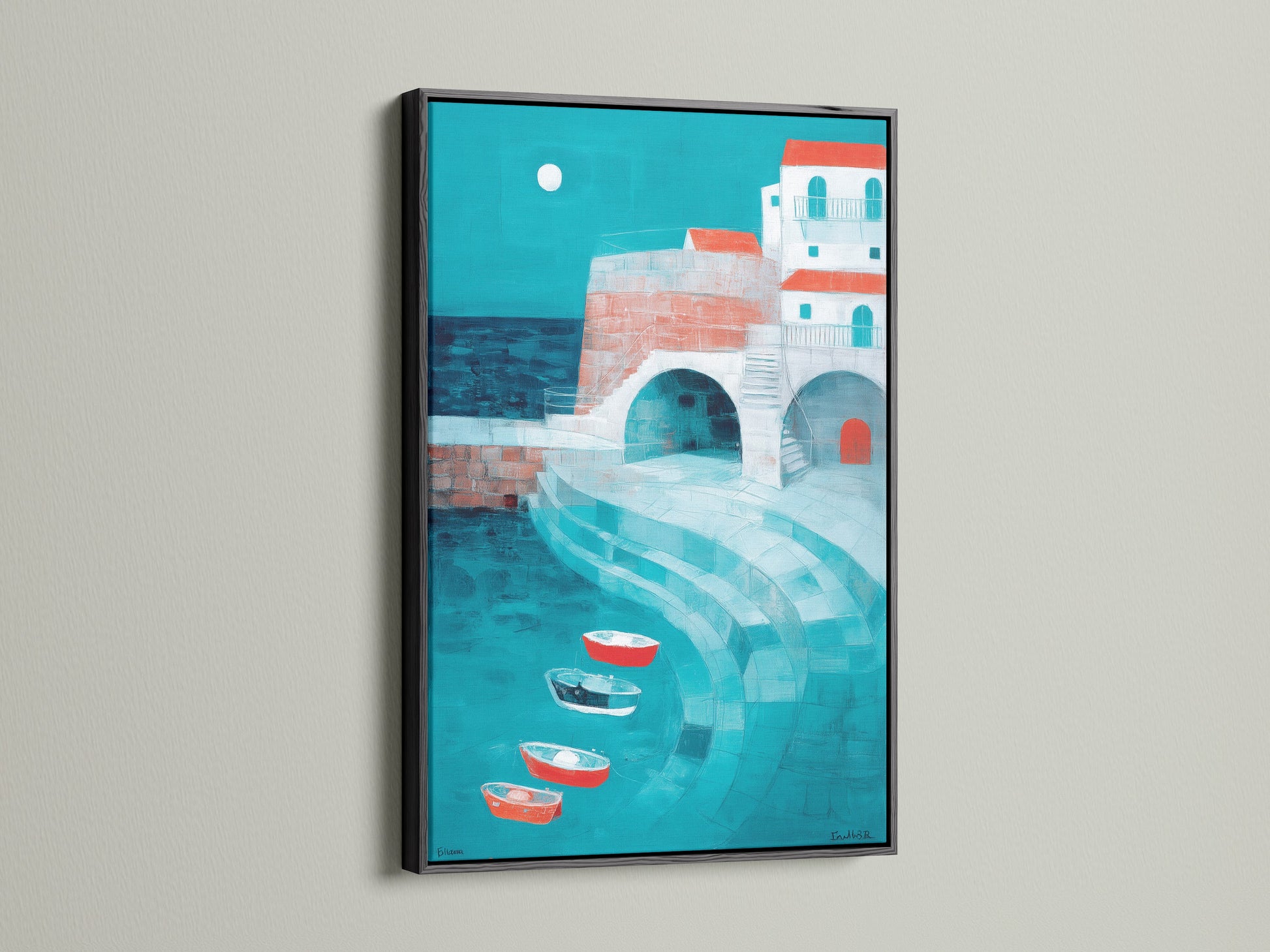 The coastal village artwork is framed in sleek black. This choice provides a bold contrast to the light turquoise waters. Red accents pop against the dark frame. Black framing adds a touch of sophistication to the artwork. Explore how a black frame can transform your wall art.