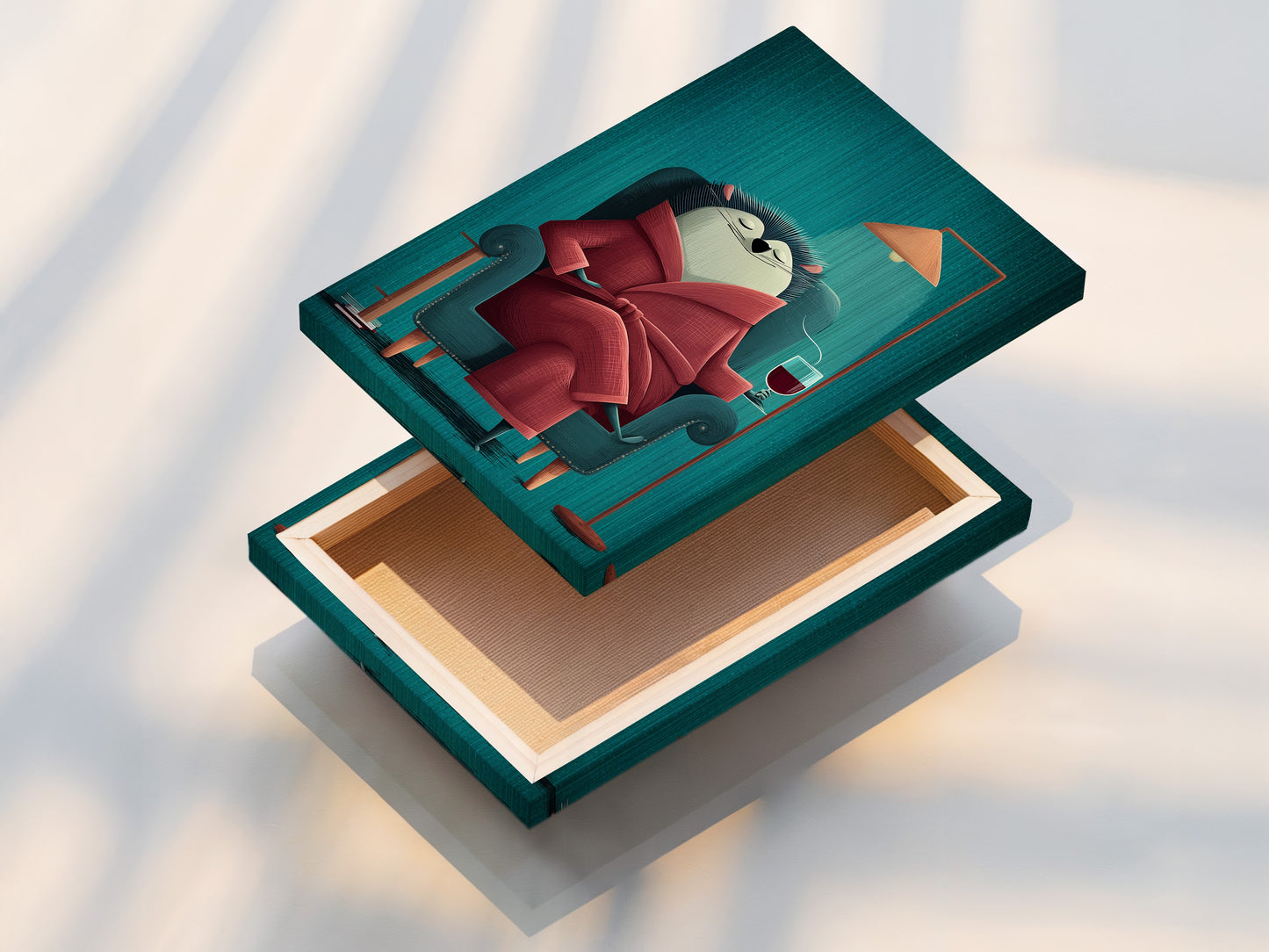 This is a stretched canvas print of the Reading Hedgehog artwork. The stretched canvas offers a gallery wrapped look. It is ready to hang with no frame needed. This cozy animal artwork is perfect for living rooms. Elevate your home office art with this print.