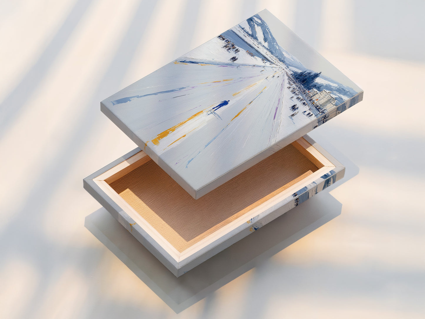 This image showcases a stretched canvas print of the Winter Cityscape artwork. The snowy street print is ready to hang and enjoy. Perfect for minimalist Scandinavian coastal rustic or industrial styles. Add a touch of winter to your living room bedroom or office.