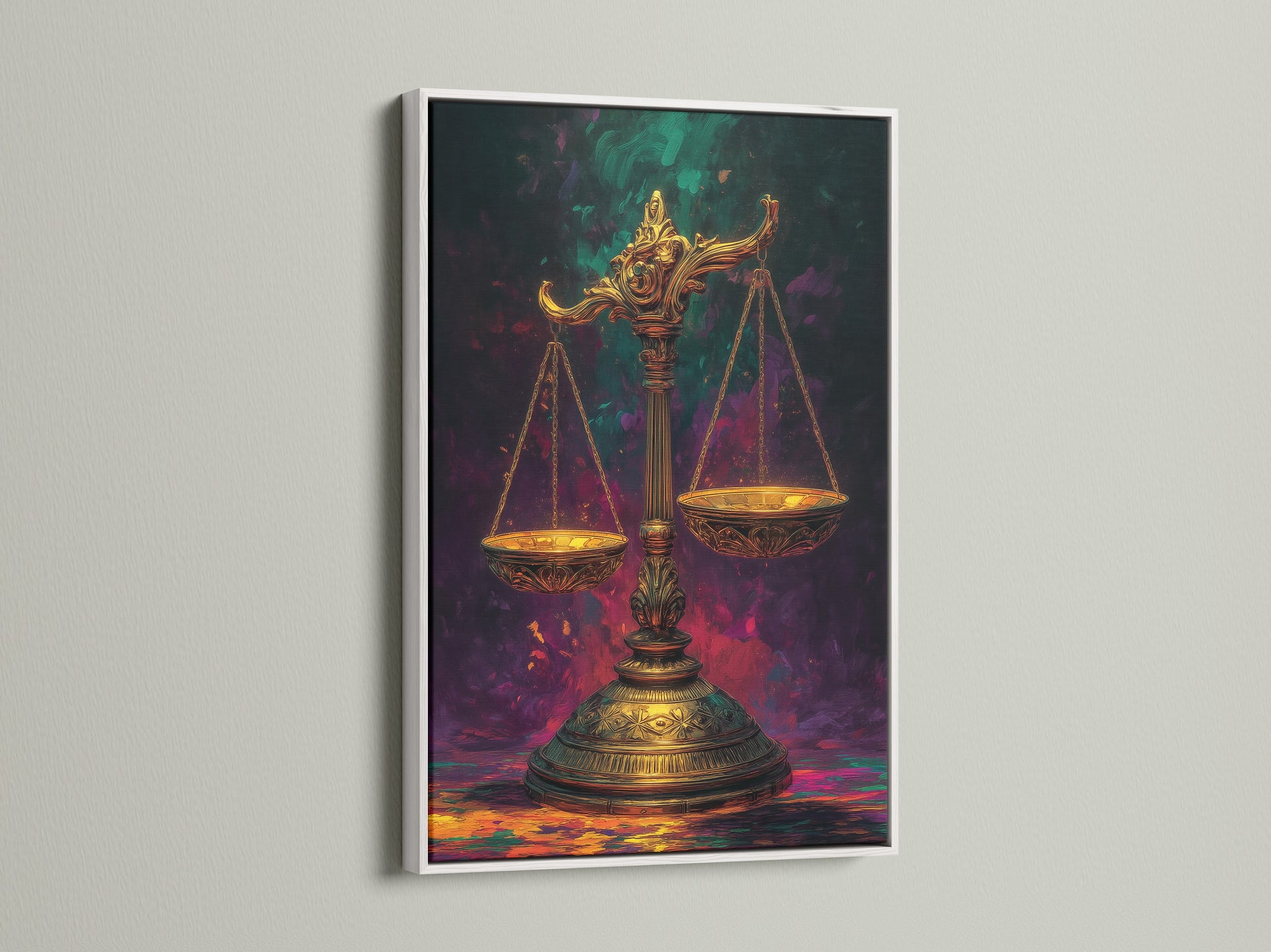 The scales of justice artwork is displayed in a white frame. The crisp white frame enhances the ornate legal wall art. This justice artwork makes a thoughtful lawyer gift. Perfect for adding a touch of elegance to a courthouse or legal firm.
