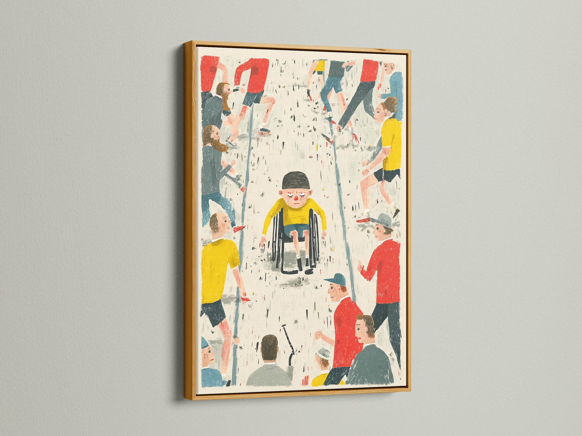 A gold frame showcases inclusive wall art with a focus on wheelchair accessibility. The artwork depicts a child in a wheelchair among a diverse community. It is a symbol of unity and equality. This inspirational print is perfect for therapists teachers and social workers.