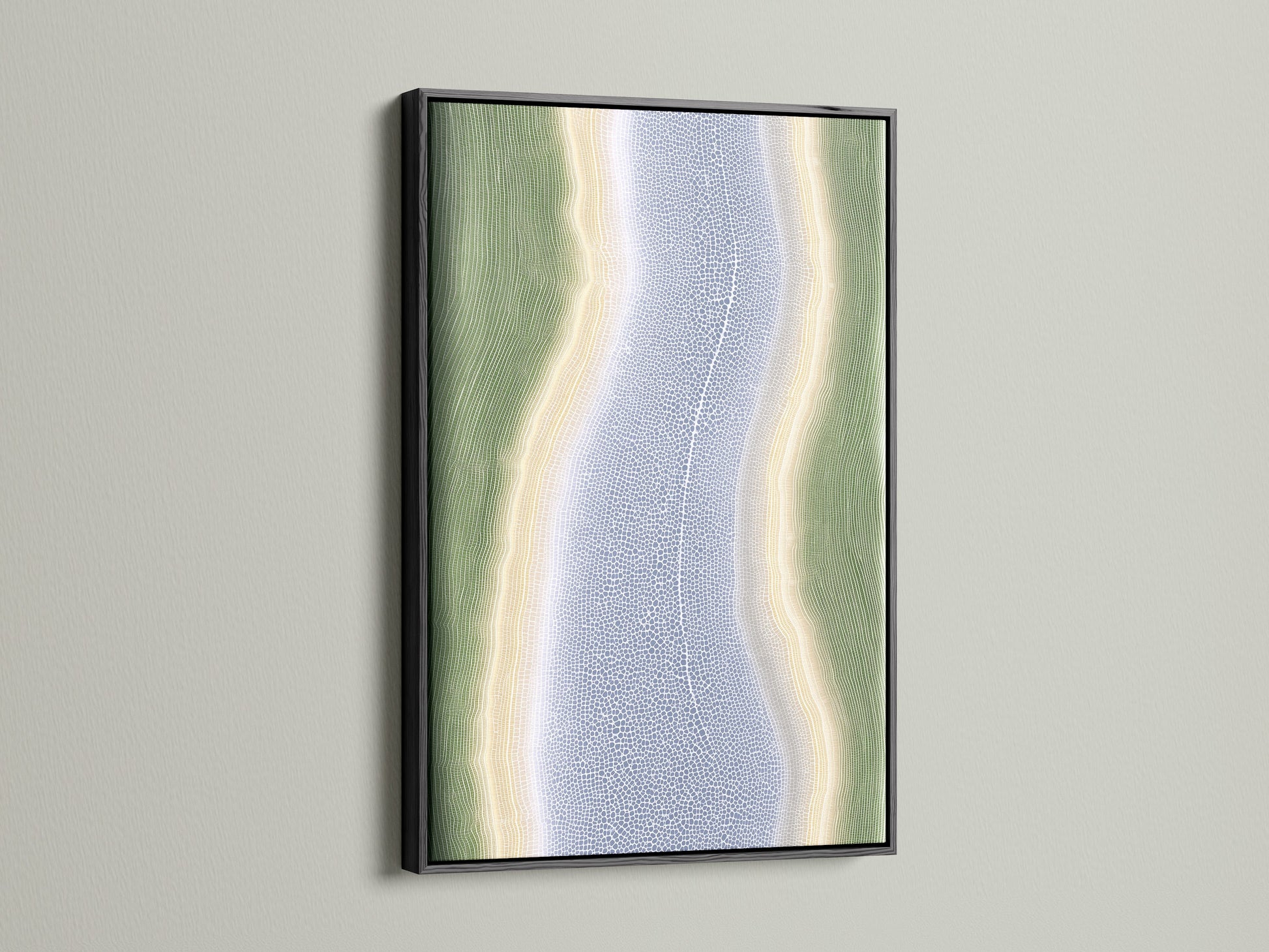 A striking Abstract River Artwork with a black frame. The artwork presents flowing lines in sage green and lavender. The black frame adds a bold modern touch. This is great for offices studios and lobbies.