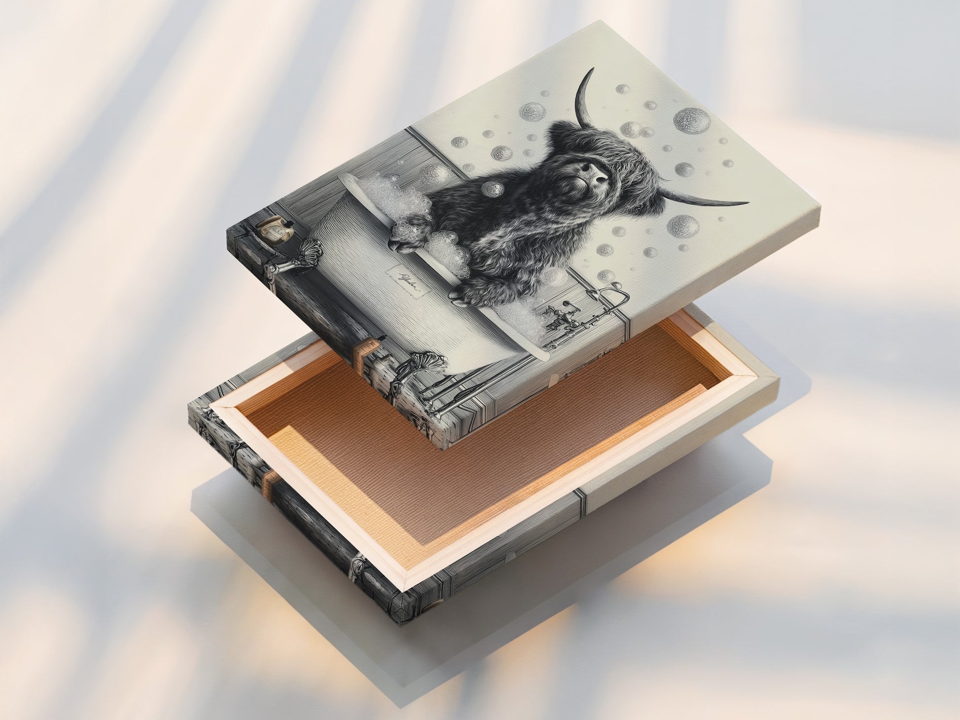 The stretched canvas print of the Highland Cow in Tub artwork is displayed. This farmhouse bathroom decor features a black and white Scottish cow. It is a quirky and fun addition to any bathroom or country themed home decor.