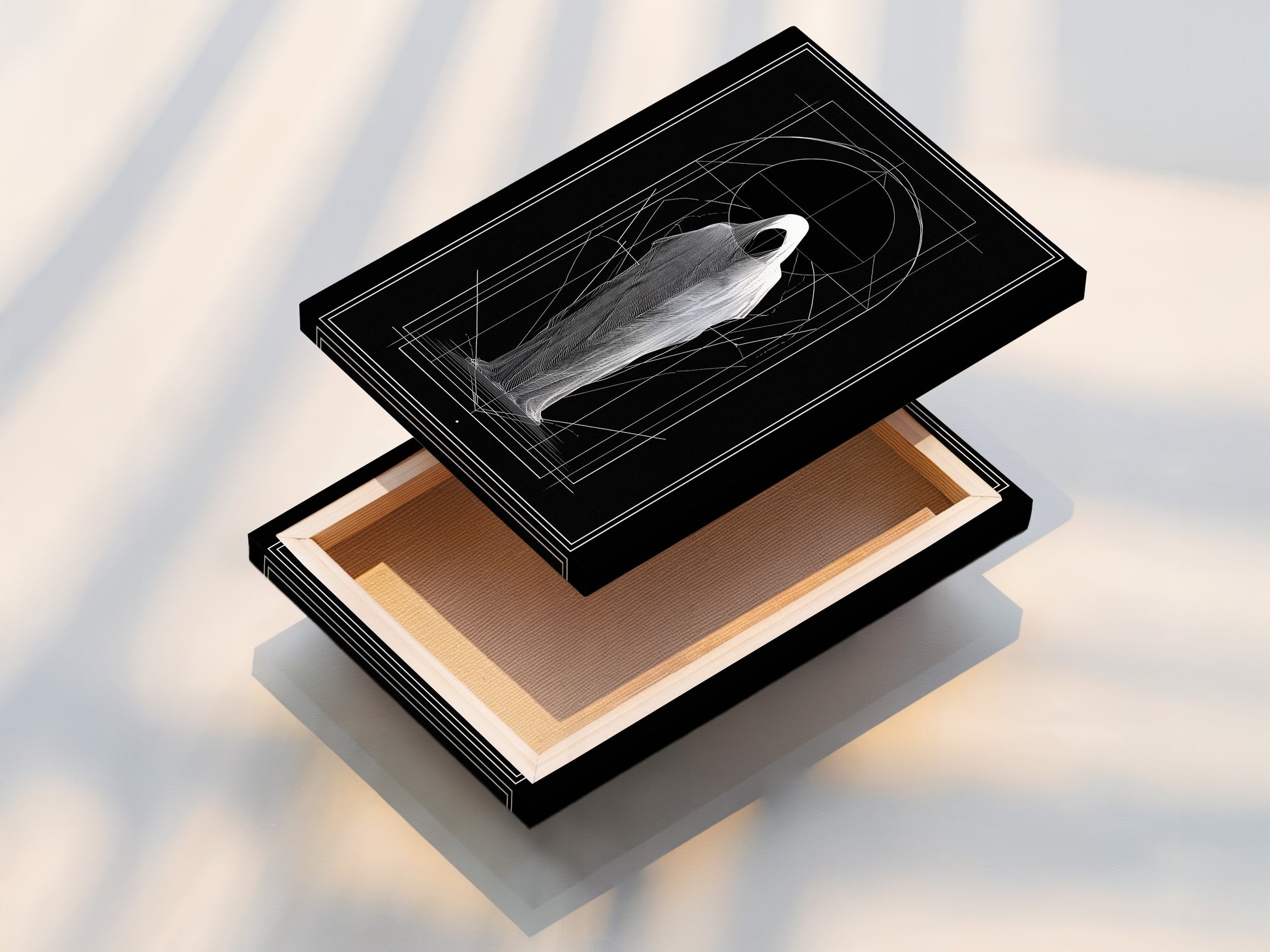 Stretched canvas print of an artwork. The art features a figure in a shroud. Geometric lines accent the piece. Stretched canvas creates a gallery look. Perfect for modern decor. Frame options available. Transform your space with stunning art.