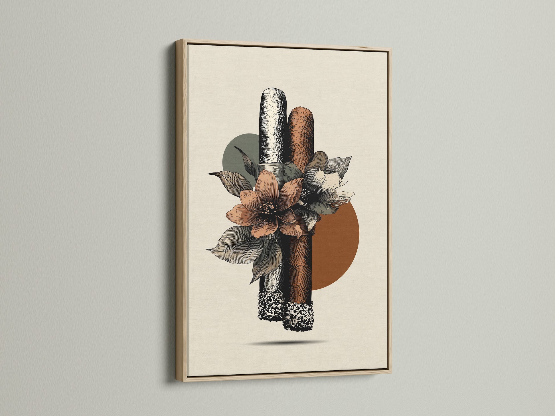 This is boho floral artwork with cigars in an oak frame. It is perfect Eclectic Wall Art for a man cave lounge or cigar shop. The primary color is brown and the secondary color is beige. This artwork is sure to add a touch of bohemian style to your home.