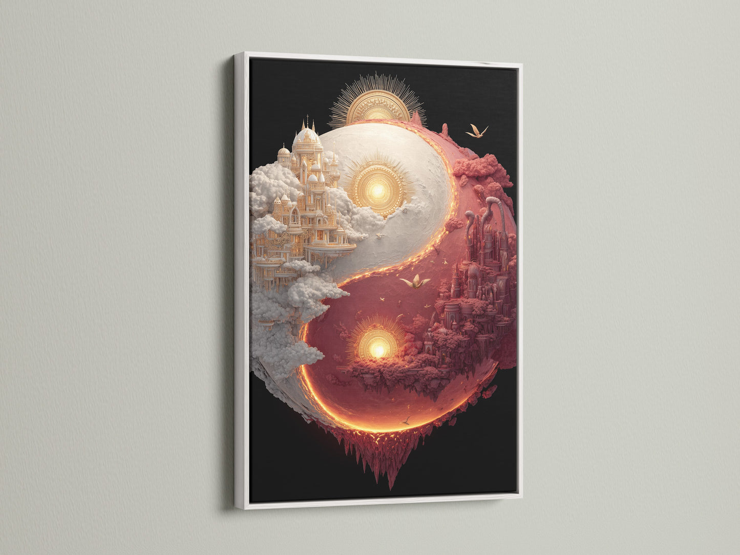 Yin and Yang art in a white frame. This balanced art piece features two castles. One is a white castle in the clouds. The other is a red castle on fiery earth. White frames offer a clean modern look.