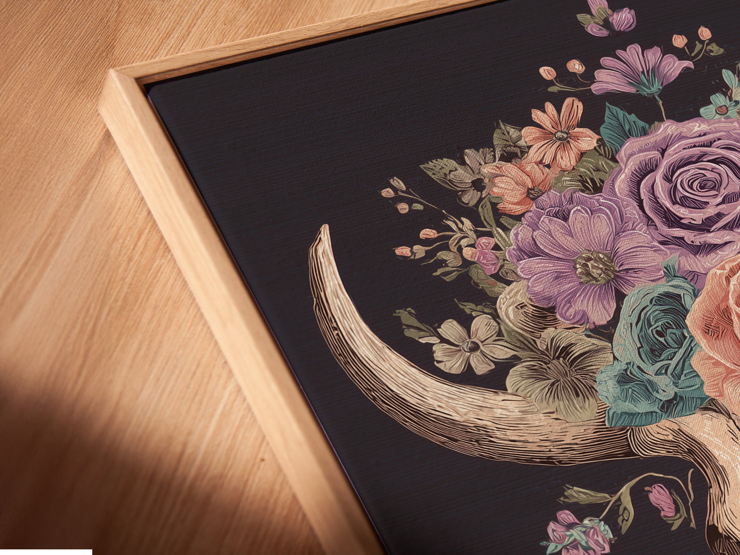 Close-up of a canvas print in a floating frame. The art print features intricate details and vibrant colors. The floating frame adds depth and dimension. The floating frame makes it a sophisticated piece of artwork. Perfect for modern interiors.
