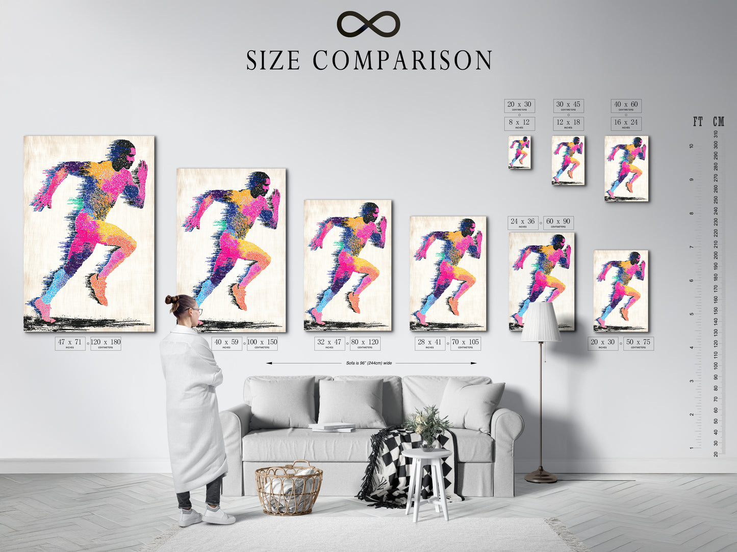 A size comparison chart is displayed in an interior setting. The chart shows different sizes of available prints. This helps customers visualize the artwork in their space. The chart includes stretched canvas prints and framed options. It aids in making the right choice.