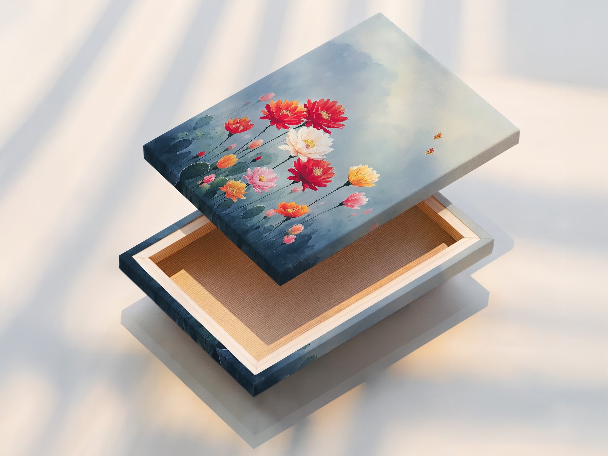 Stretched canvas print featuring floral artwork. The botanical design enhances any living space. This desert flower art brings a touch of the southwest to your home. A perfect addition to your wall decor collection. Ideal for home or office.